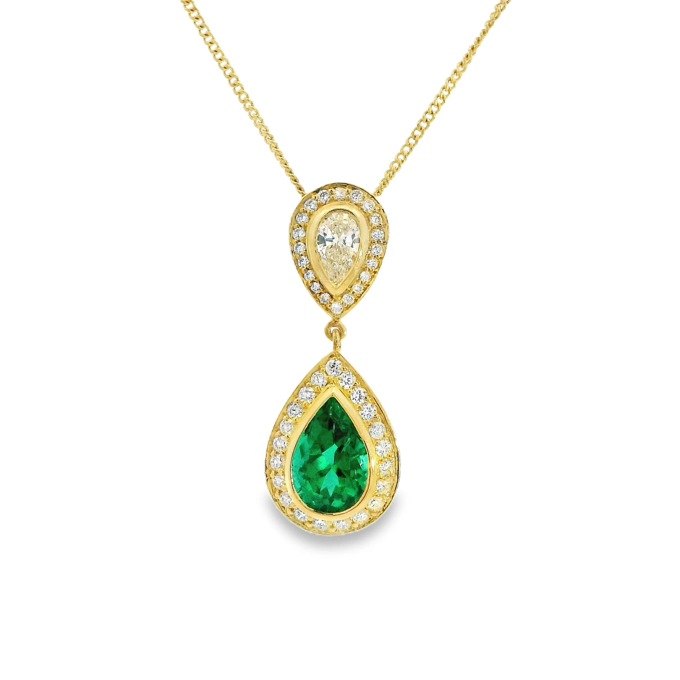 18ct Yellow Gold Bezel Set Pear Shape Emerald & Diamond Halo Pendant, with Inverted Pear Shape Diamond Halo Top