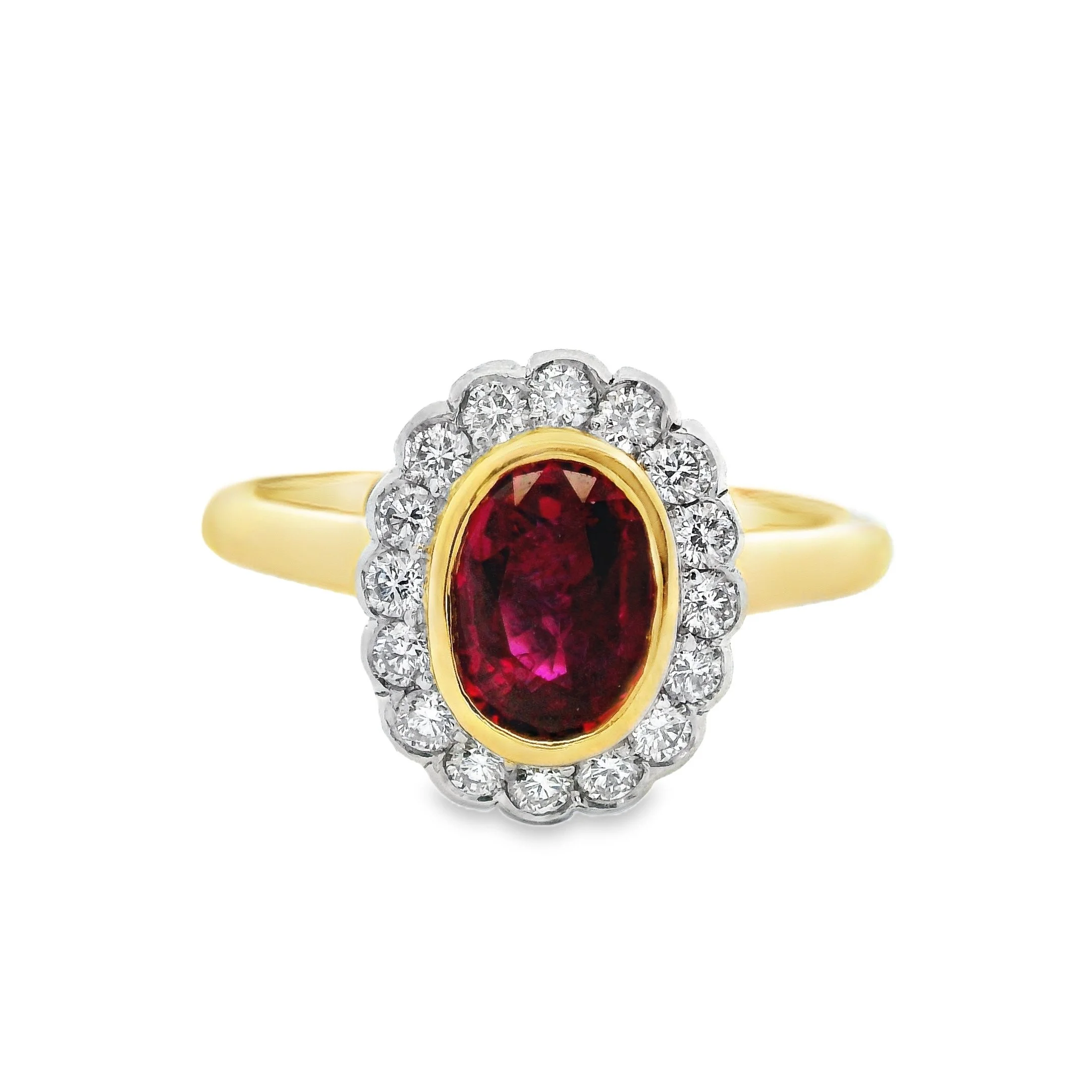 18ct Yellow Gold Bezel Set Oval No Heat Ruby & Diamond Rubover Cluster Ring