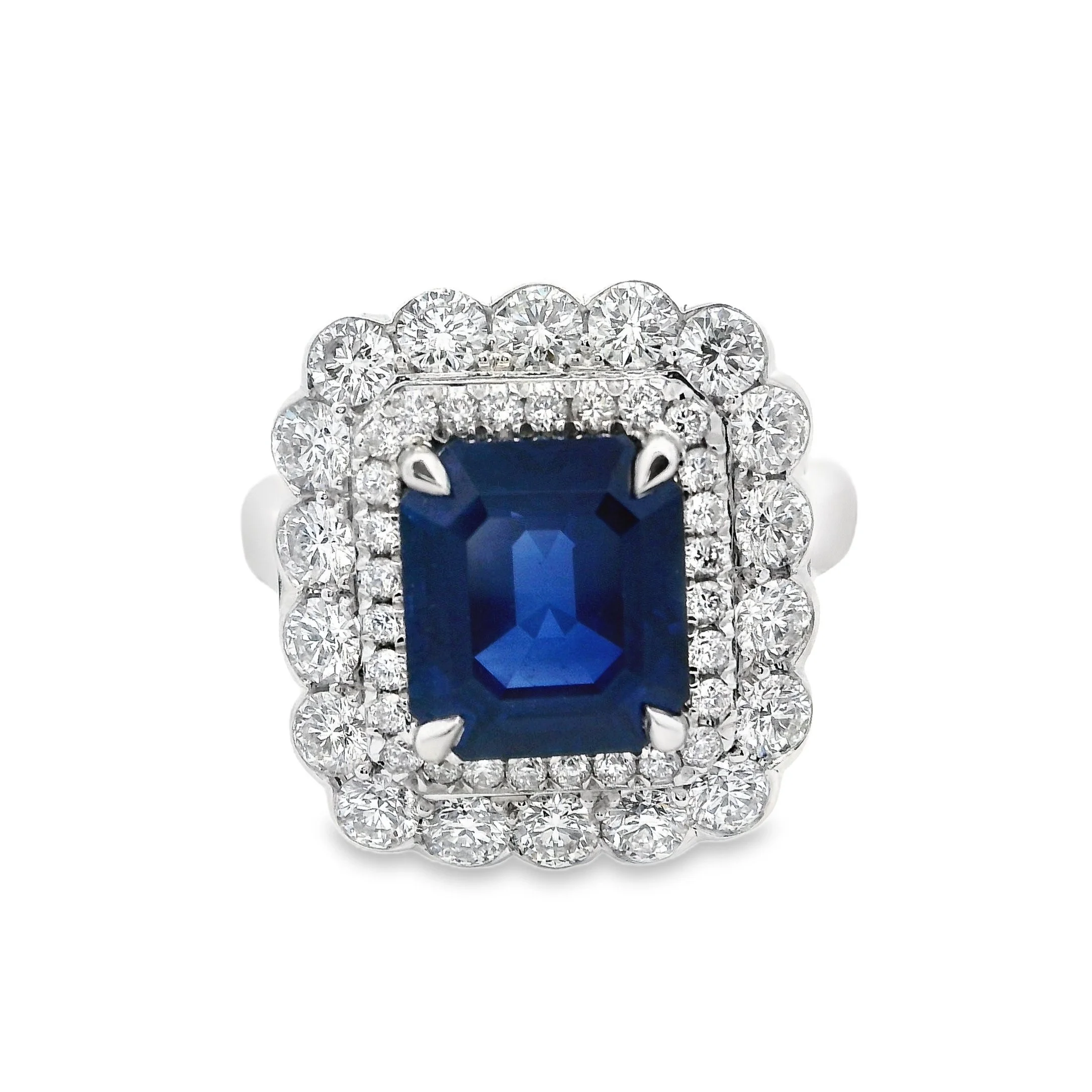 Platinum Claw Set Emerald Cut Sapphire & Diamond Double Cluster Ring