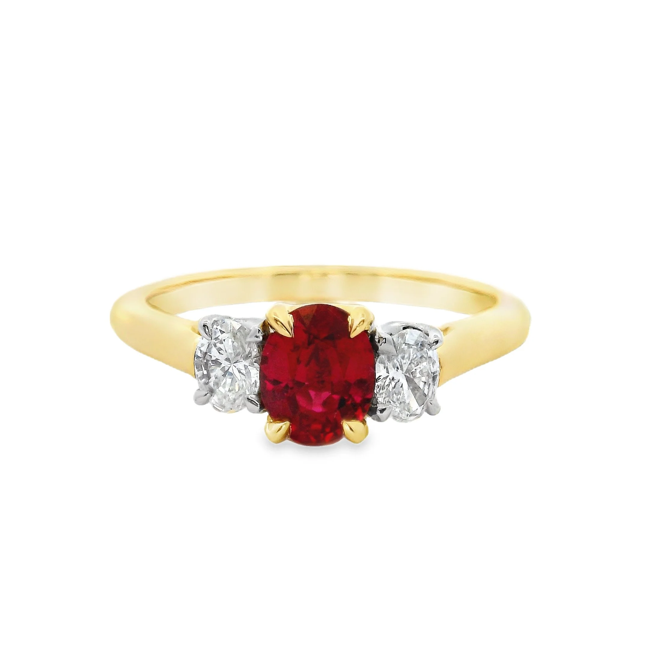 18ct Yellow Gold & Platinum Claw Set Oval Ruby & Diamond 3 Stone Ring