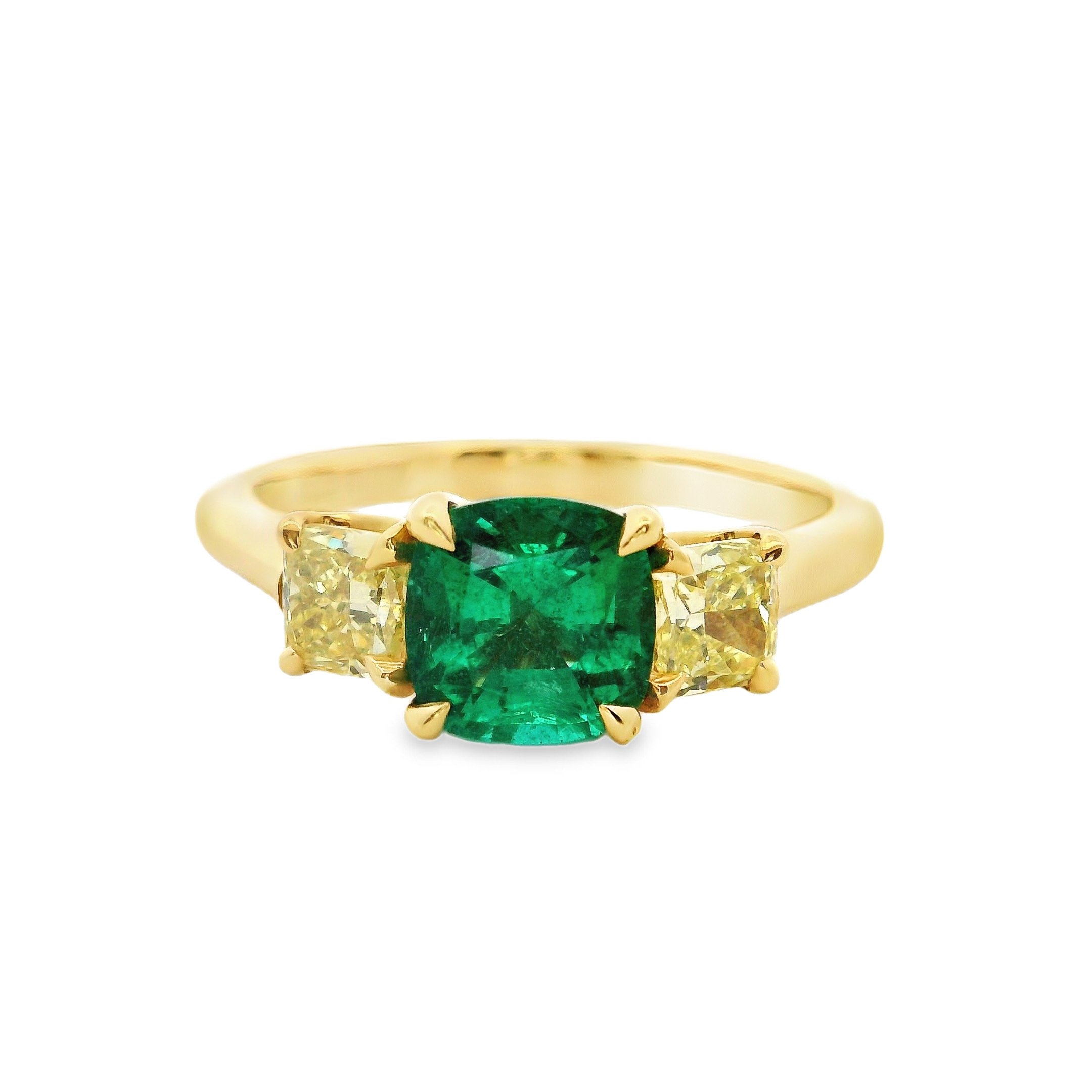 18ct Yellow Gold Claw Set Cushion Emerald & Fancy Yellow Diamond 3 Stone Ring