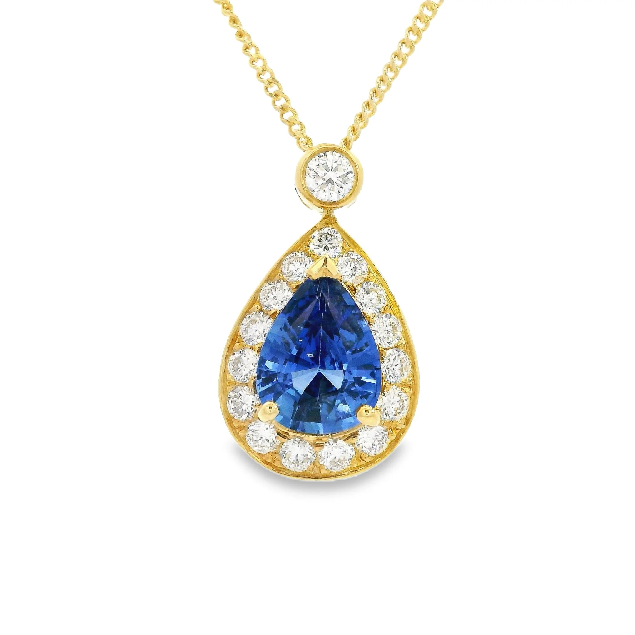 18ct Yellow Gold Claw Set Pear Shape Sapphire & Diamond Halo Pendant