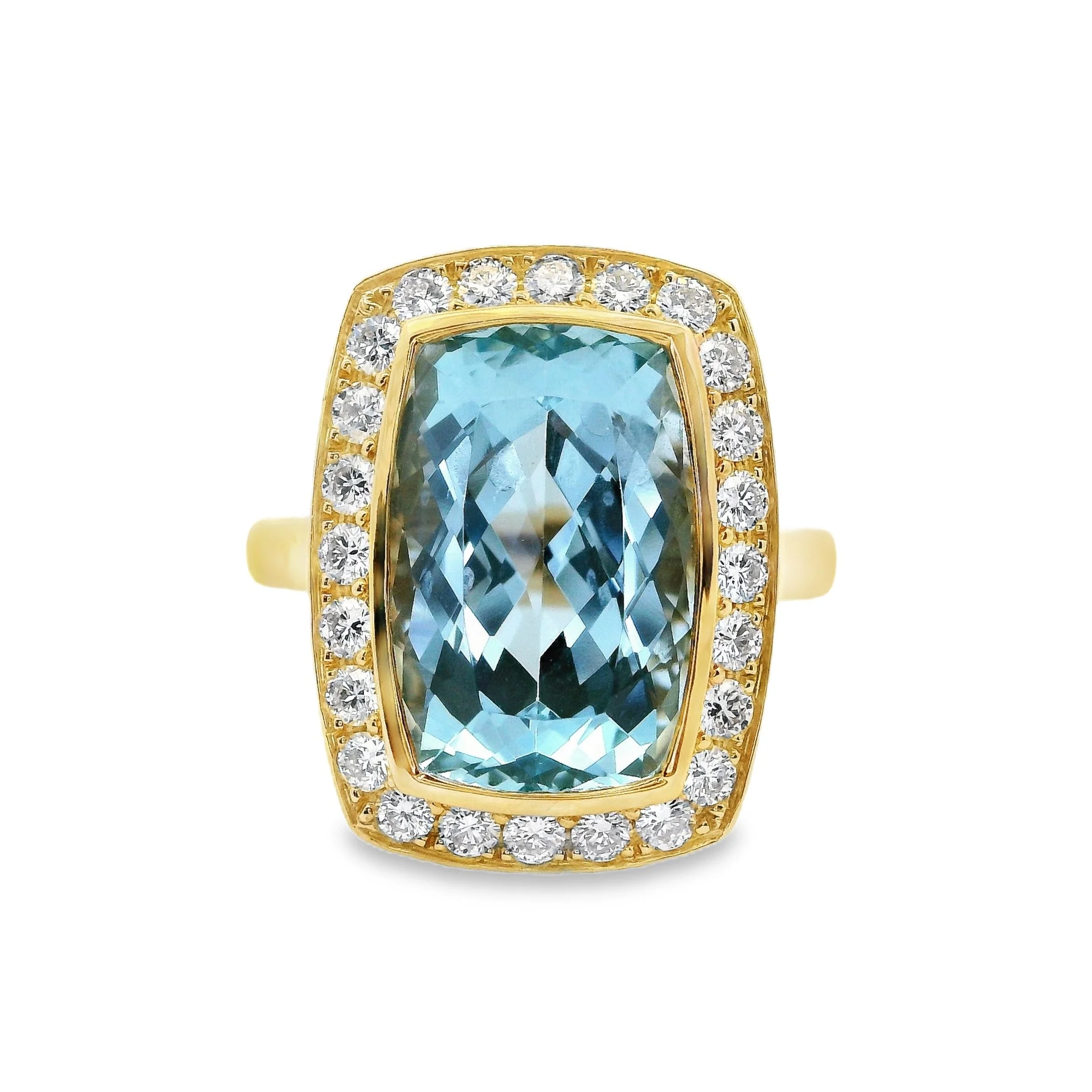 18ct Yellow Gold Bezel Set Rectangular Cushion Aquamarine & Diamond Halo Ring