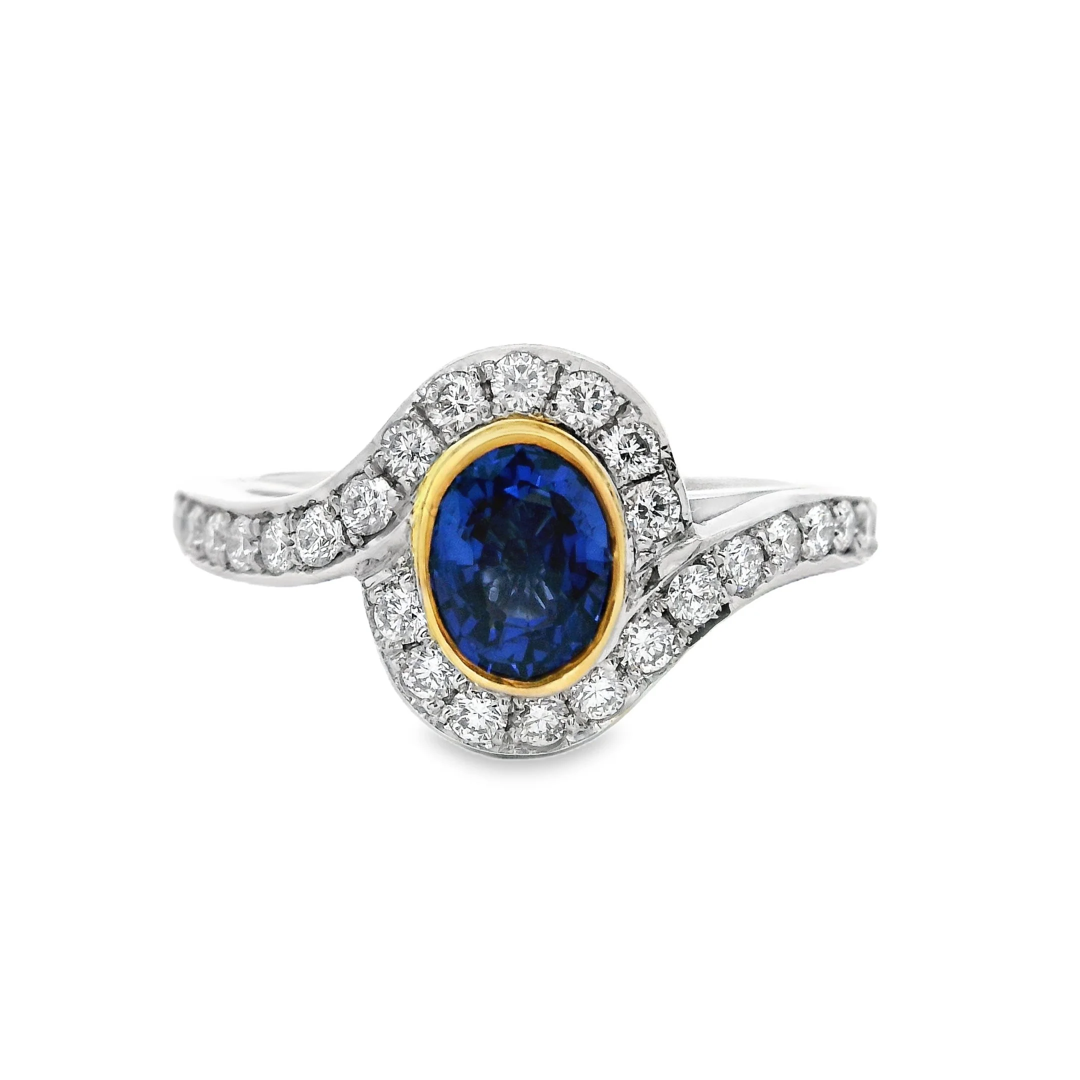Platinum & 18ct Yellow Gold Bezel Set Oval Sapphire & Diamond Halo Twist Ring