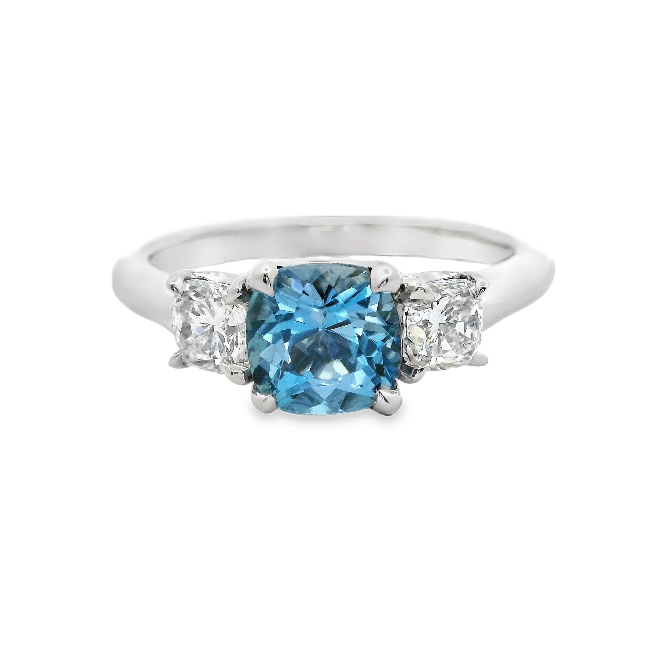 Platinum Claw Set Cushion Aquamarine & Diamond 3 Stone Ring