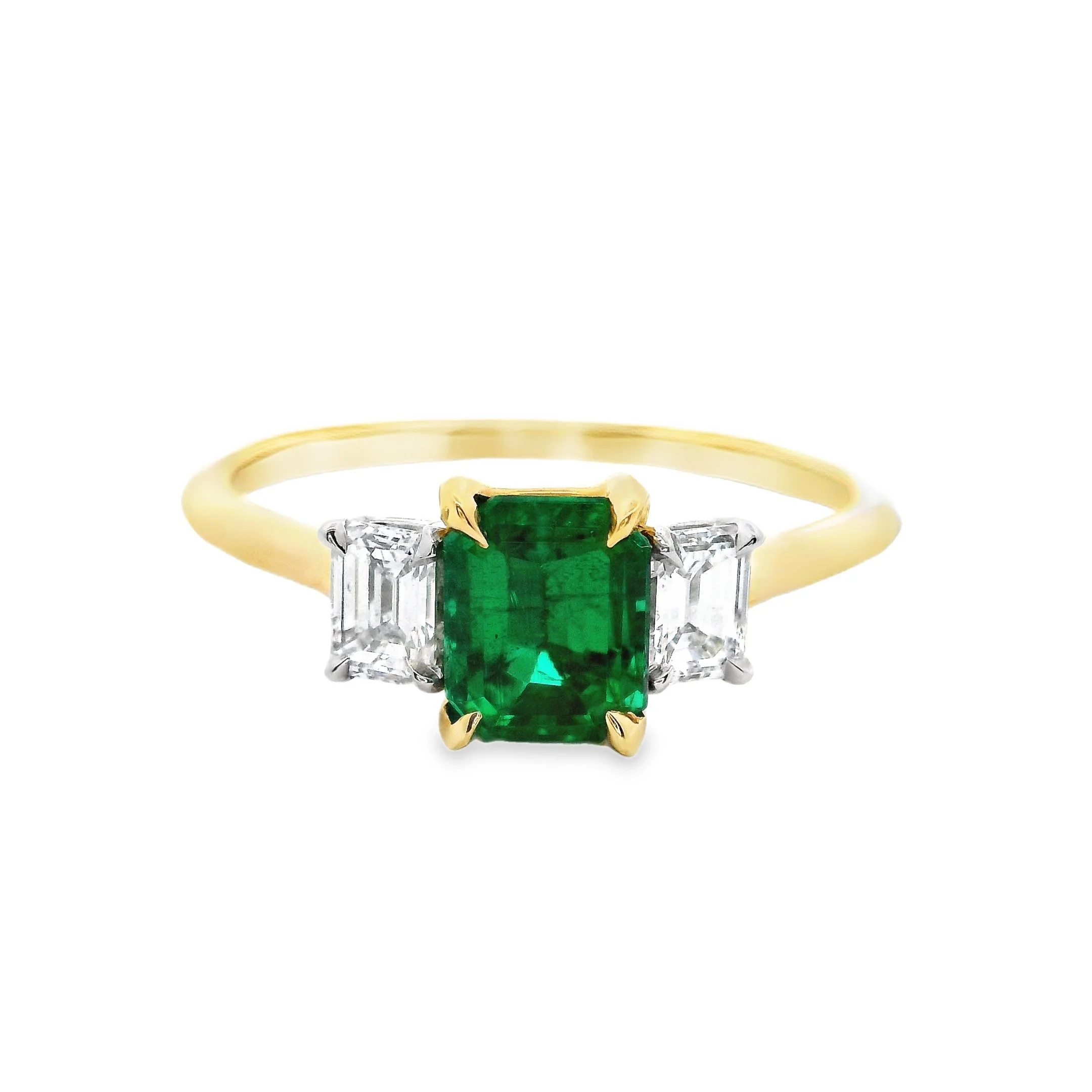 18ct Yellow Gold & Platinum Claw Set Emerald Cut Emerald & Diamond 3 Stone Ring