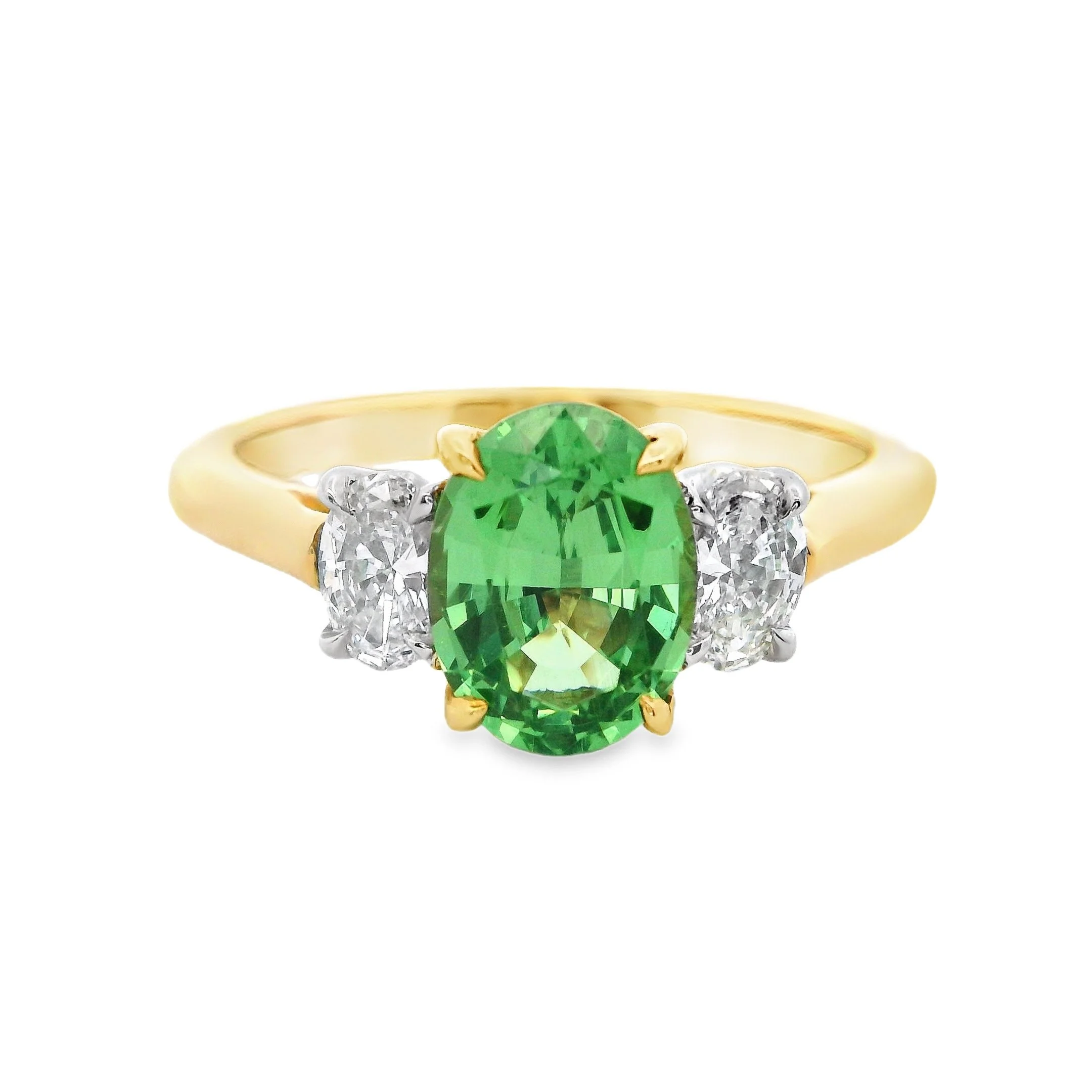 18ct Yellow Gold & Platinum Claw Set Oval Tsavorite Garnet & Diamond 3 Stone Ring