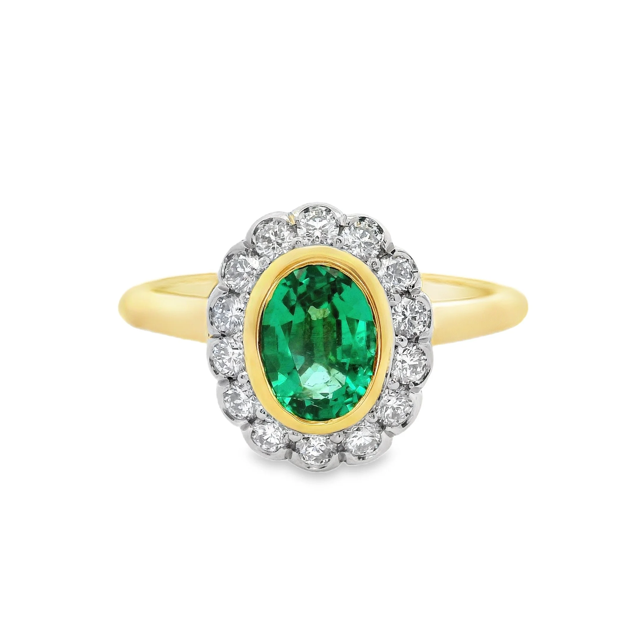 18ct Yellow Gold & Platinum Bezel Set Oval Emerald & Diamond Cluster Ring