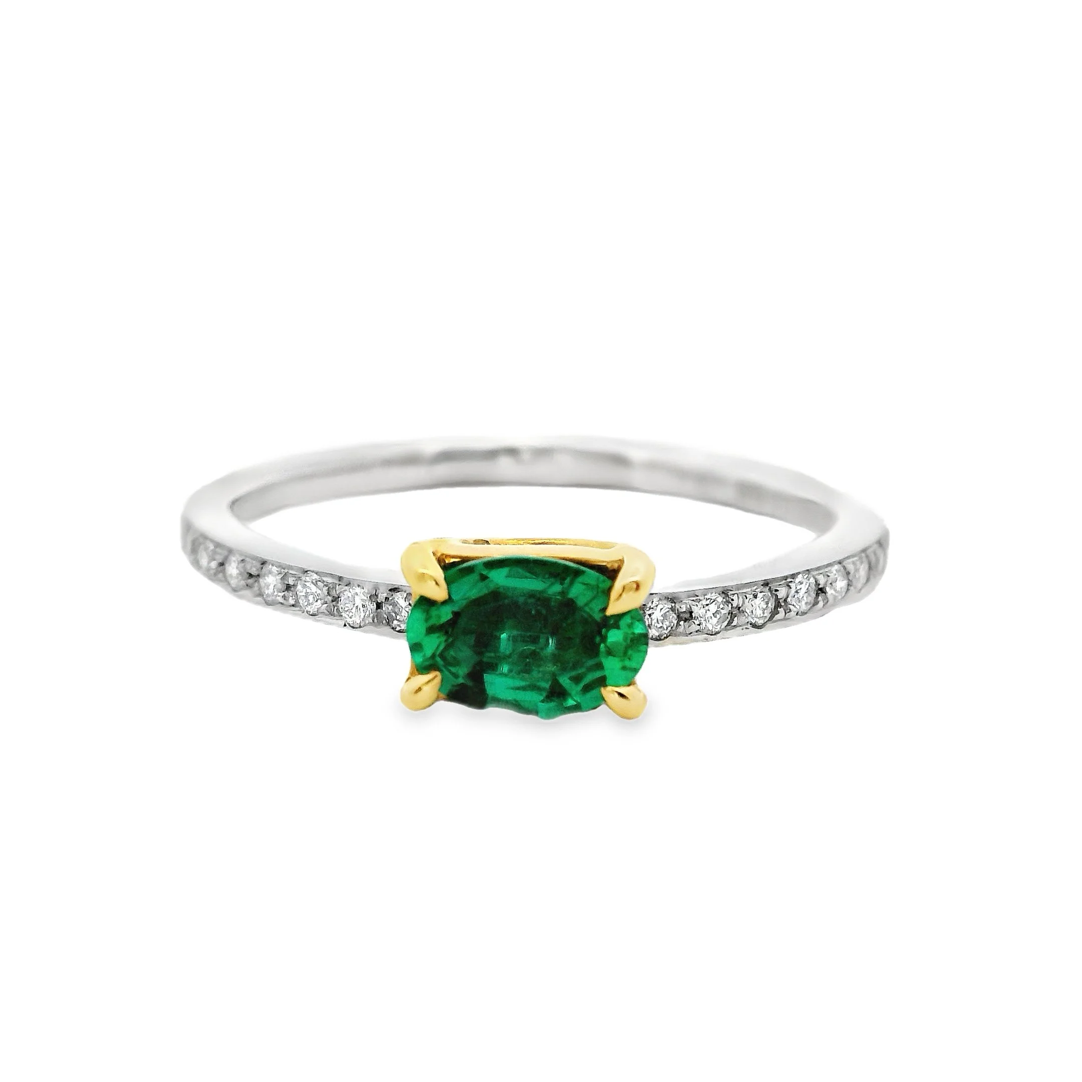 Platinum & 18ct Yellow Gold Claw Set East-West Oval Emerald Single Stone Ring, with Diamond Shoulders
