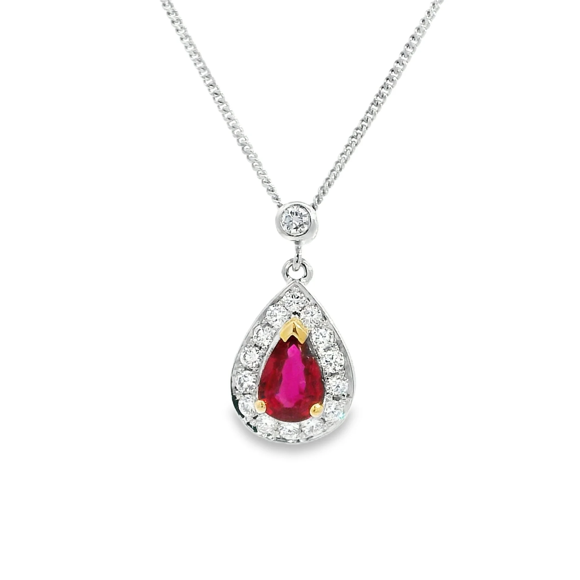 18ct White & Yellow Gold Claw Set Pear Shape Ruby & Diamond Halo Pendant