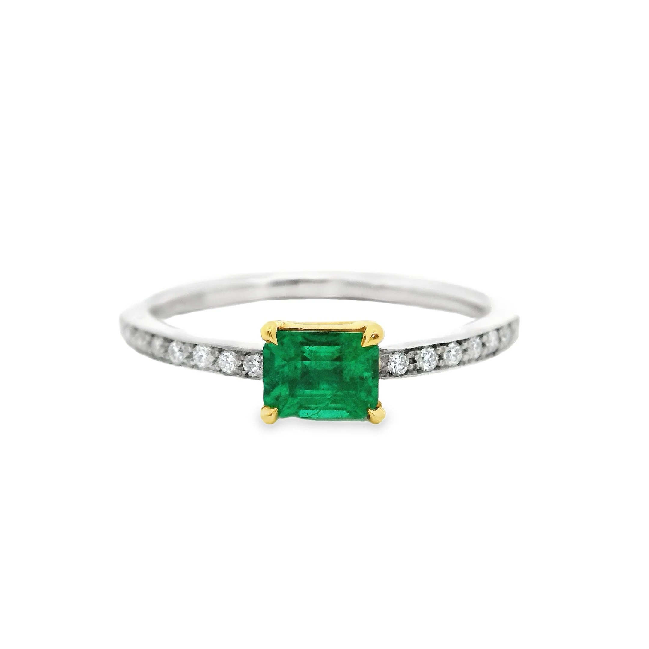 Platinum & 18ct Yellow Gold Claw Set East-West Emerald Cut Emerald Single Stone Ring, with Diamond Shoulders