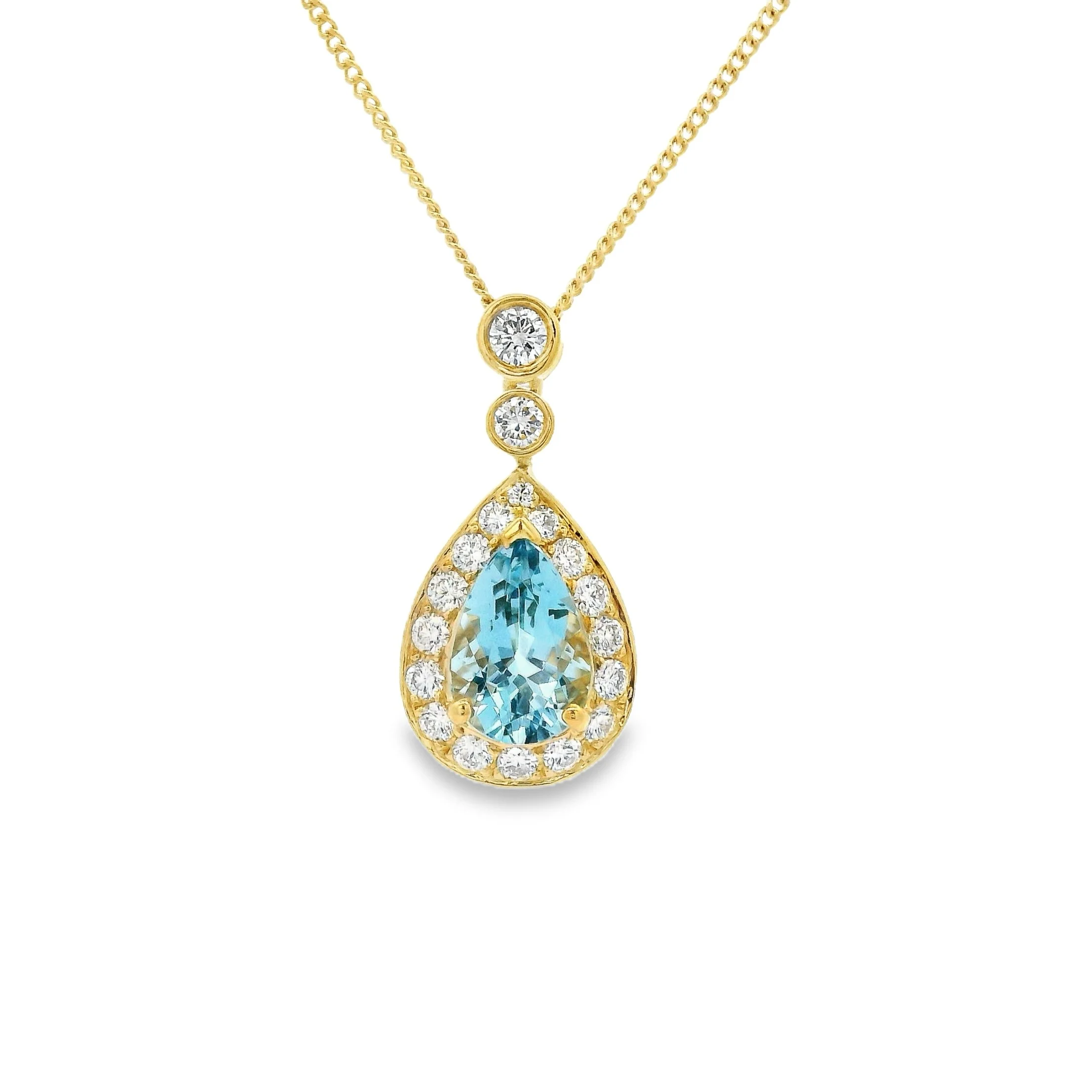 18ct Yellow Gold Claw Set Pear Shape Aquamarine & Diamond Halo Pendant