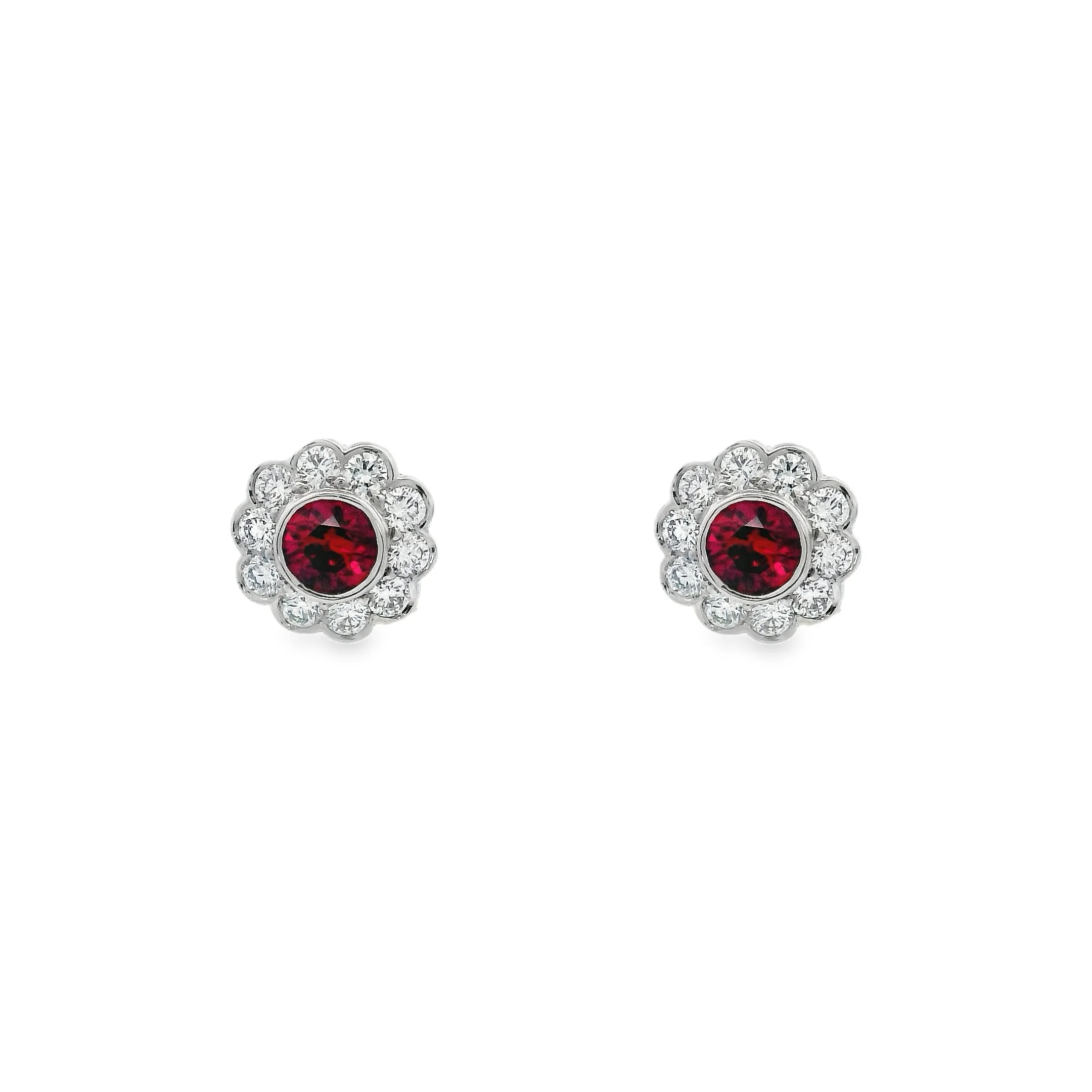 18ct White Gold Bezel Set Round Ruby & Diamond Cluster Stud Earrings