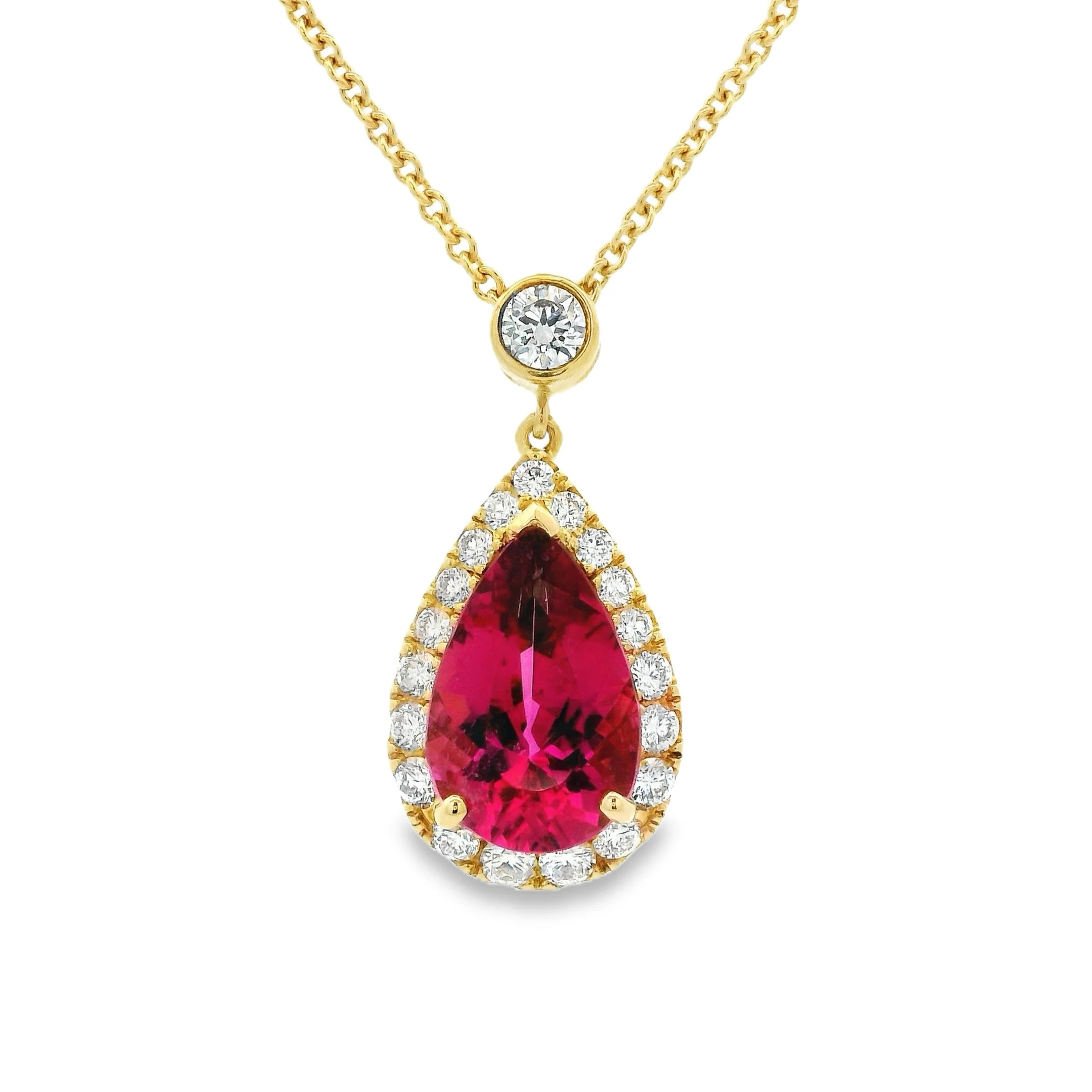 18ct Yellow Gold Claw Set Pear Shape Rubellite & Diamond Halo Pendant