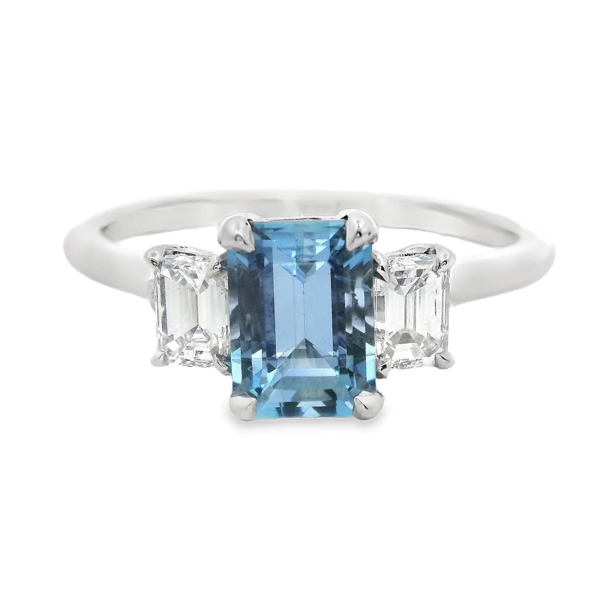Platinum Claw Set Emerald Cut Aquamarine & Diamond 3 Stone Ring