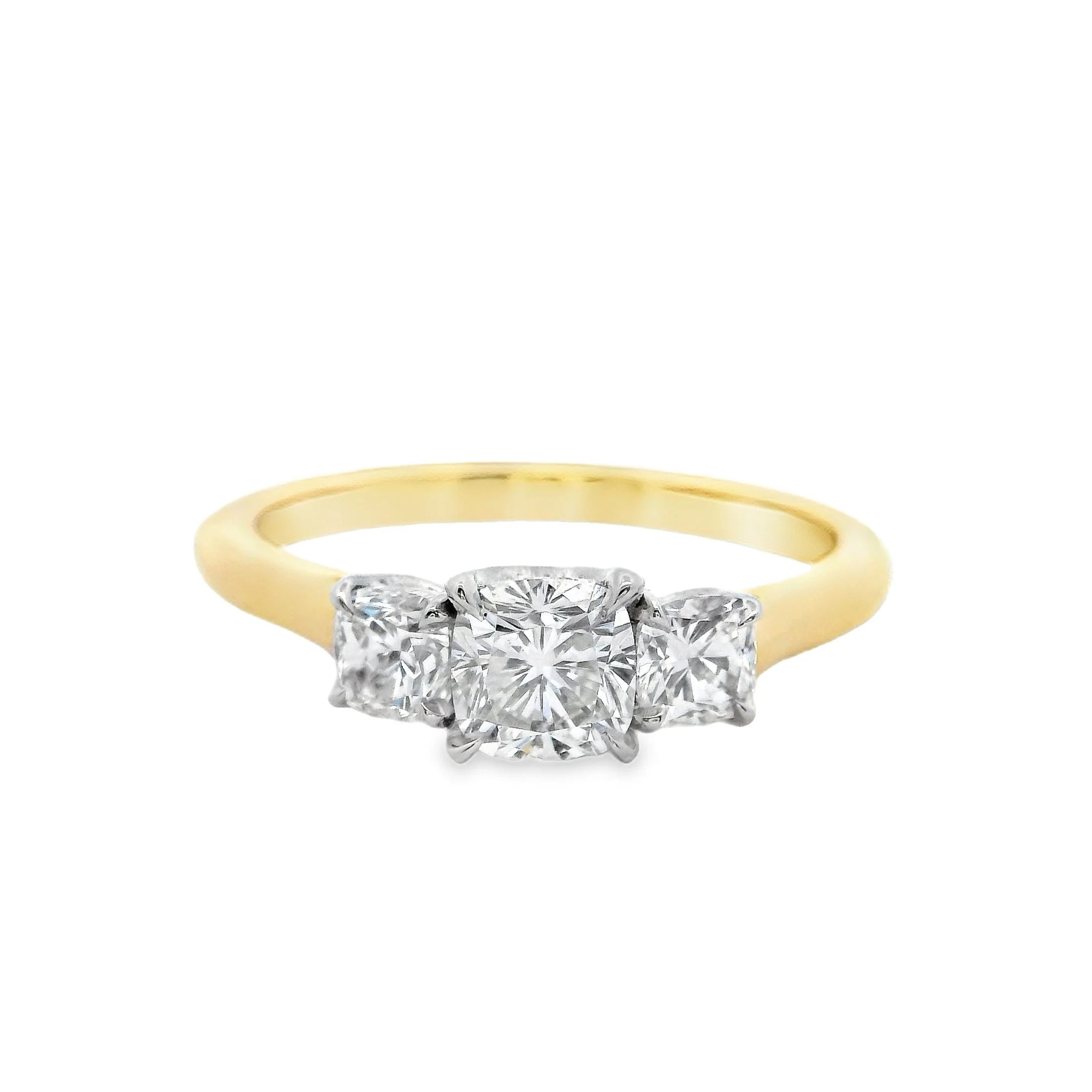 18ct Yellow Gold & Platinum Claw Set Cushion Diamond 3 Stone Ring