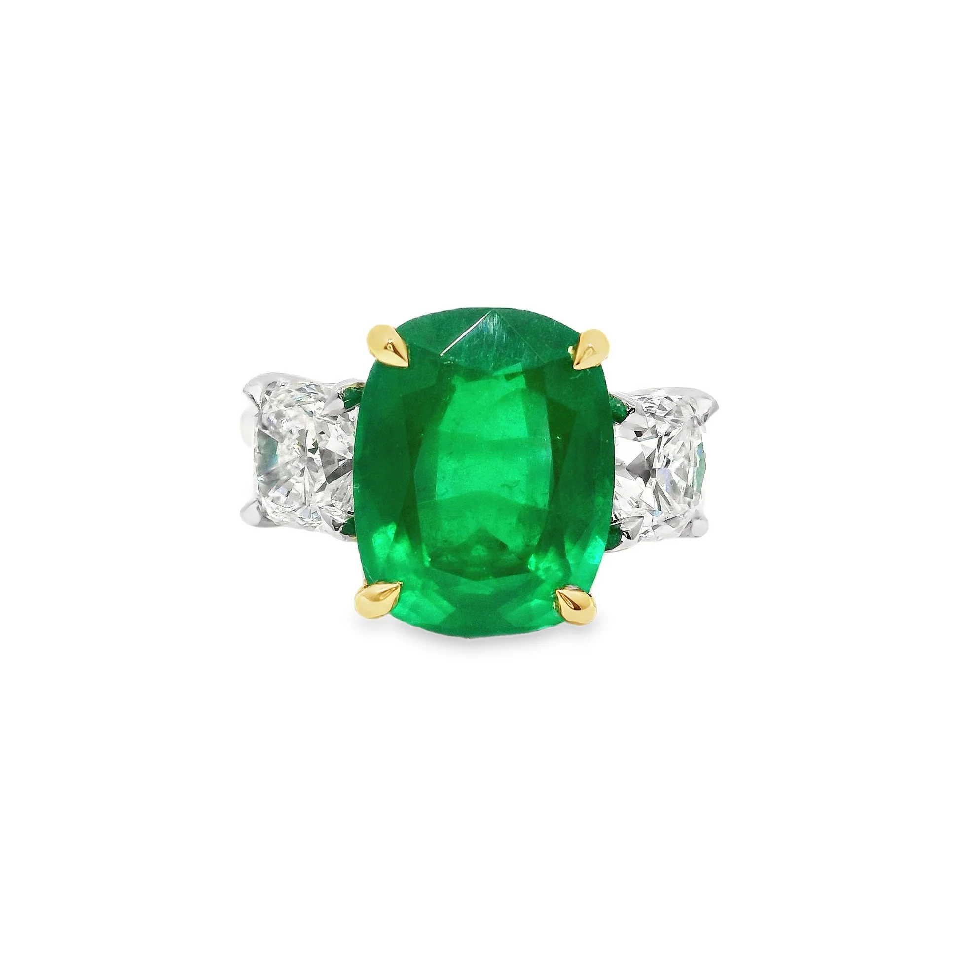 18ct Yellow Gold & Platinum Claw Set Cushion Emerald & Diamond 3 Stone Ring