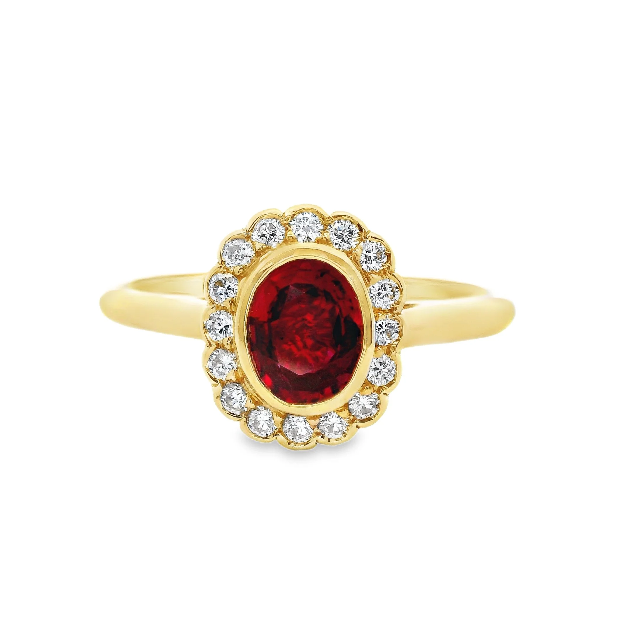 18ct Yellow Gold Bezel Set Oval Ruby & Diamond Rubover Cluster Ring