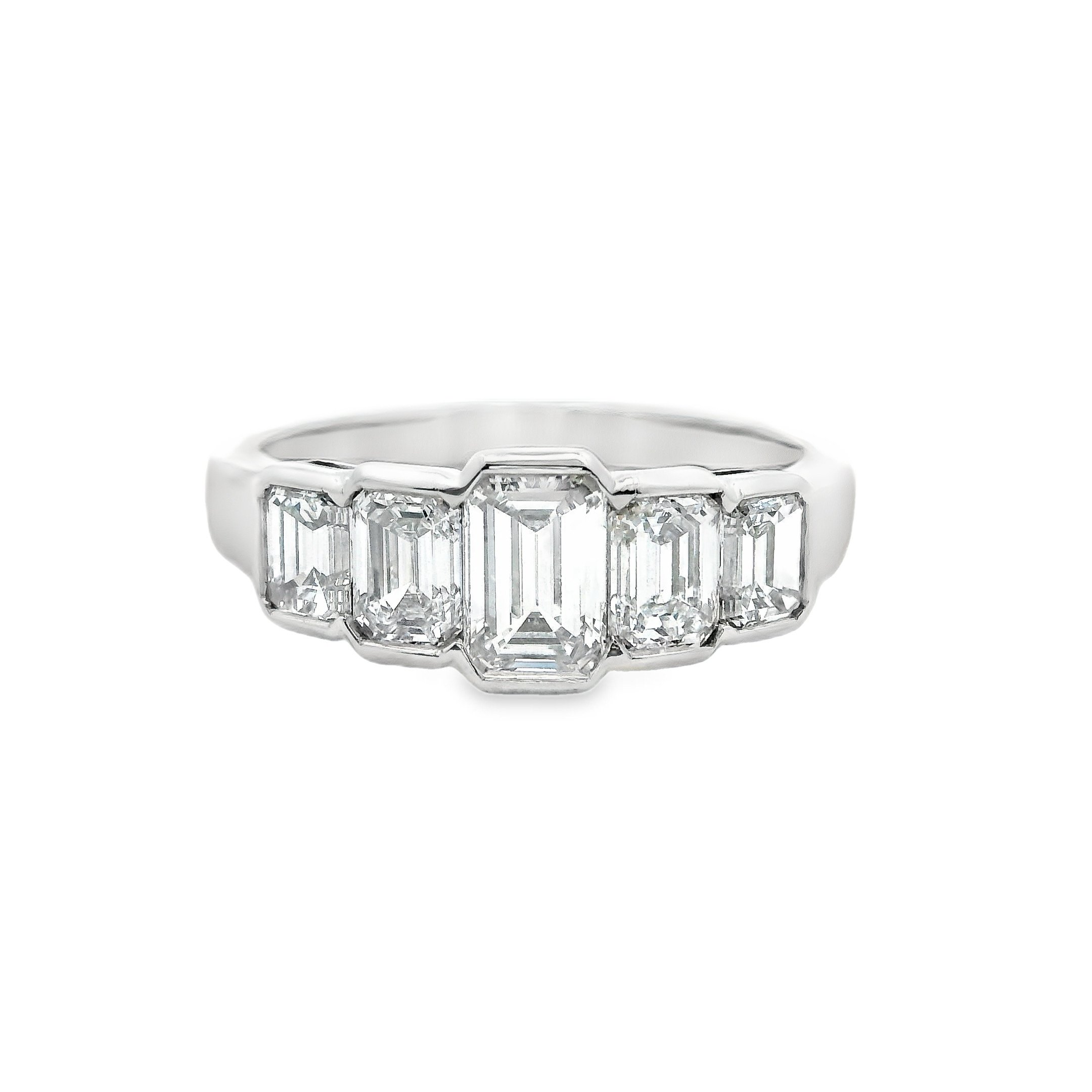 Platinum Bezel Set 5 stone Emerald Cut Diamond Ring