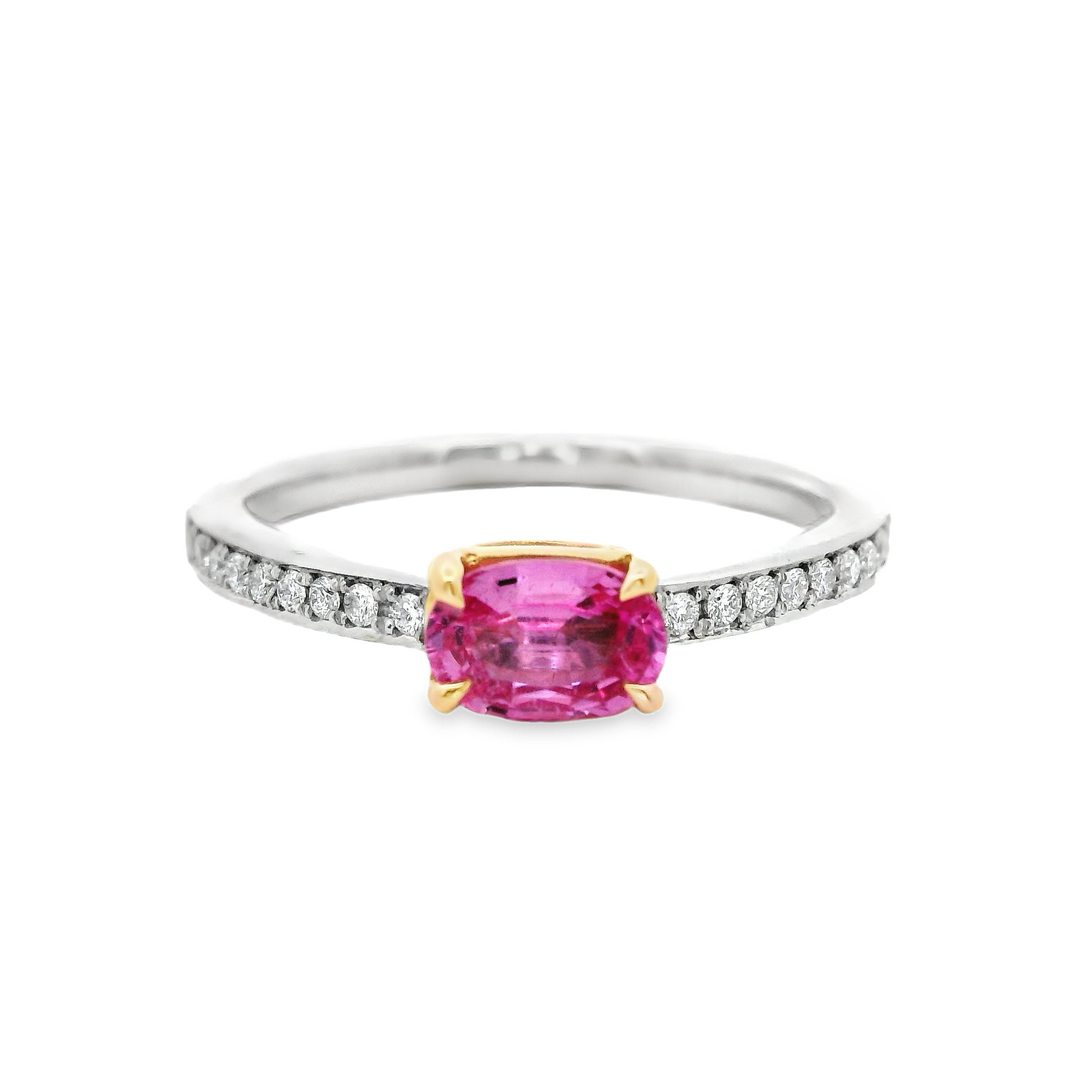 Platinum & 18ct Rose Gold Claw Set East-West Oval Pink Sapphire Single Stone Ring, with Diamond Shoulders