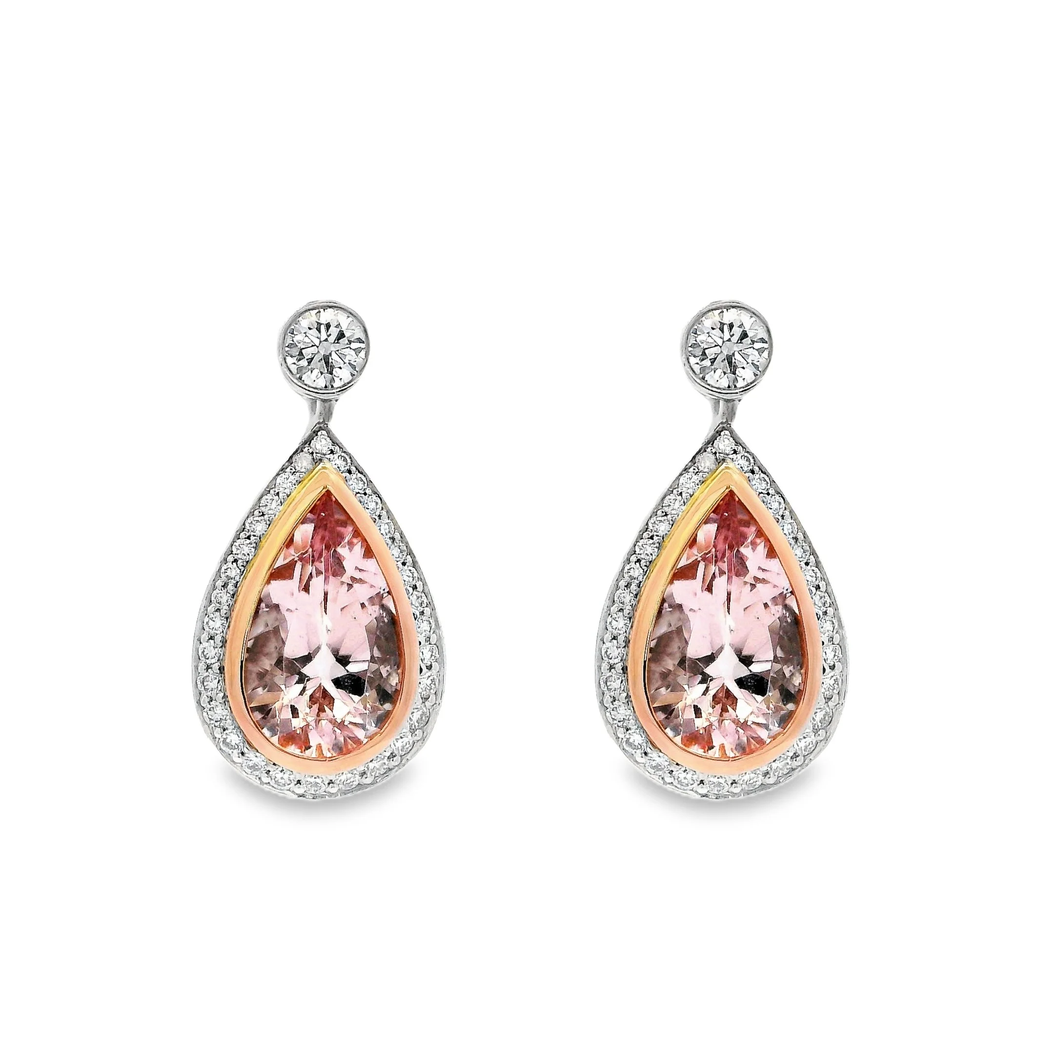18ct White & Rose Gold Bezel Set Pear Shape Pink Morganite & Diamond Halo Stud Earrings