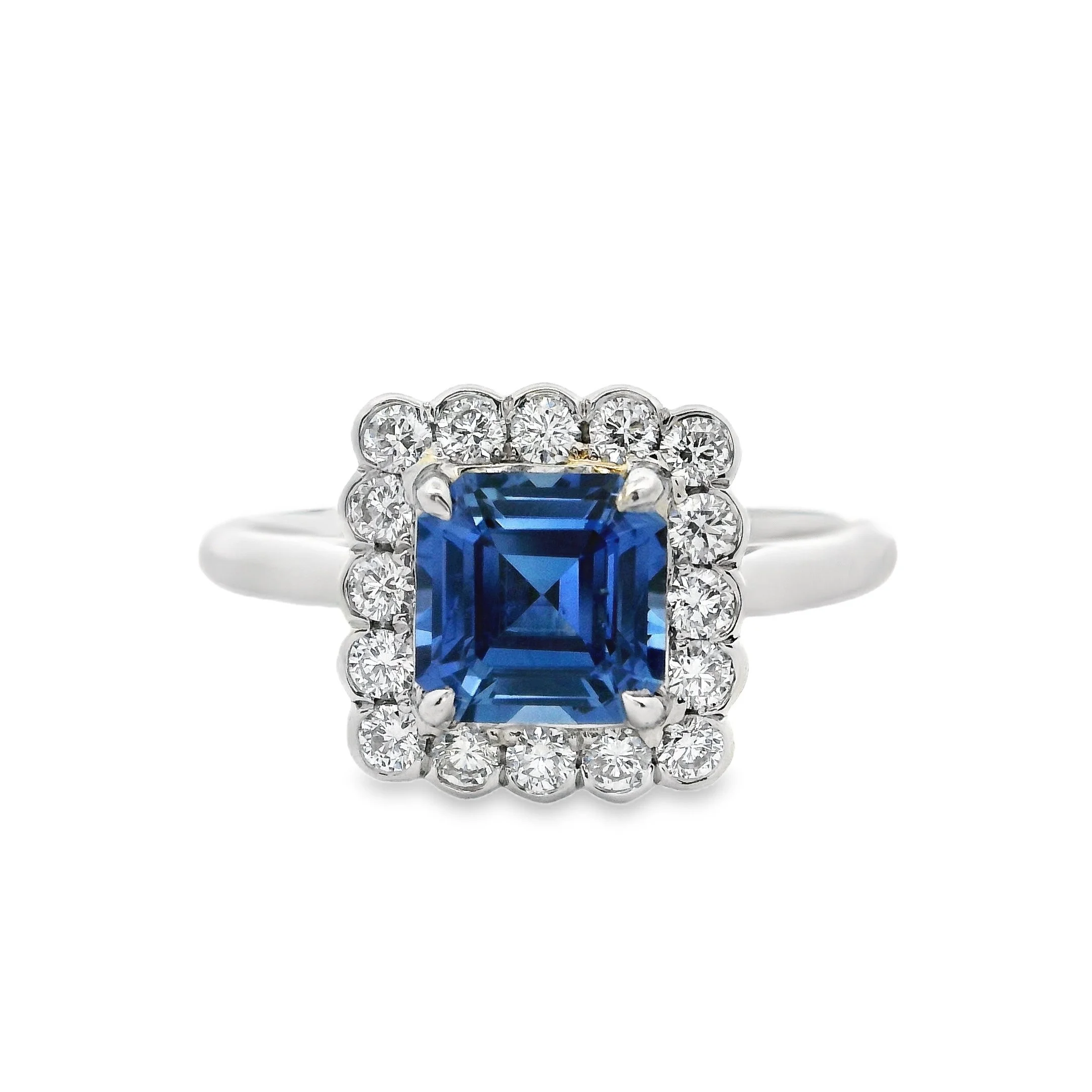 Platinum Claw Set Square Emerald Cut Sapphire & Diamond Cluster Ring