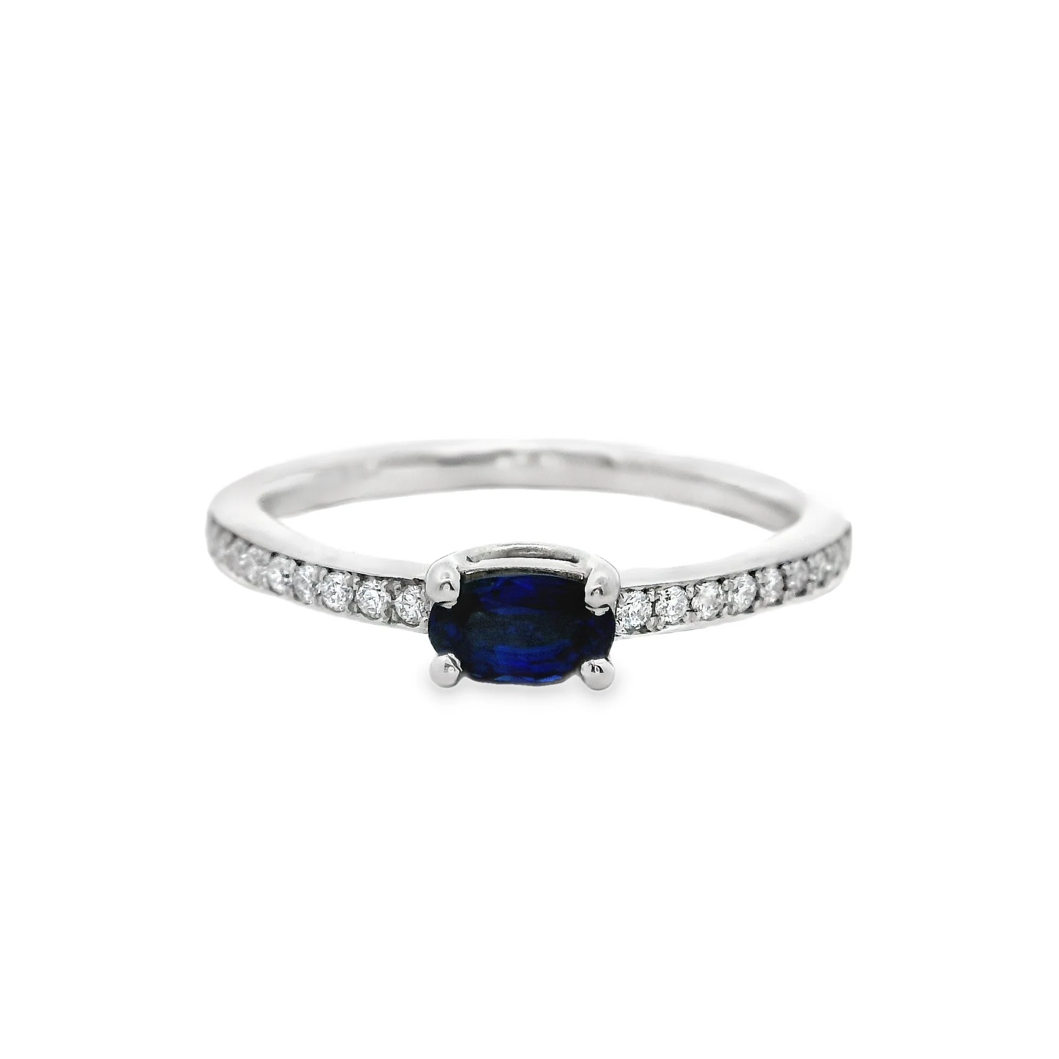 Platinum Claw Set East-West Oval Sapphire Single Stone Ring, with Diamond Shoulders