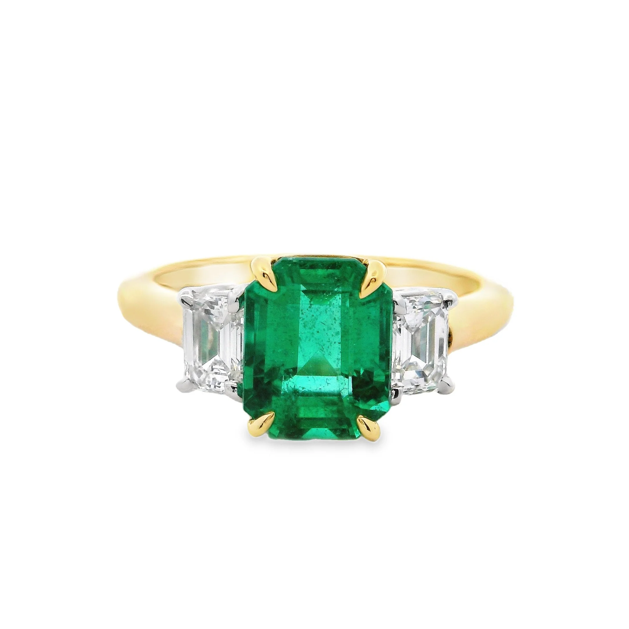18ct Yellow Gold & Platinum Claw Set Emerald Cut Emerald & Diamond 3 Stone Ring