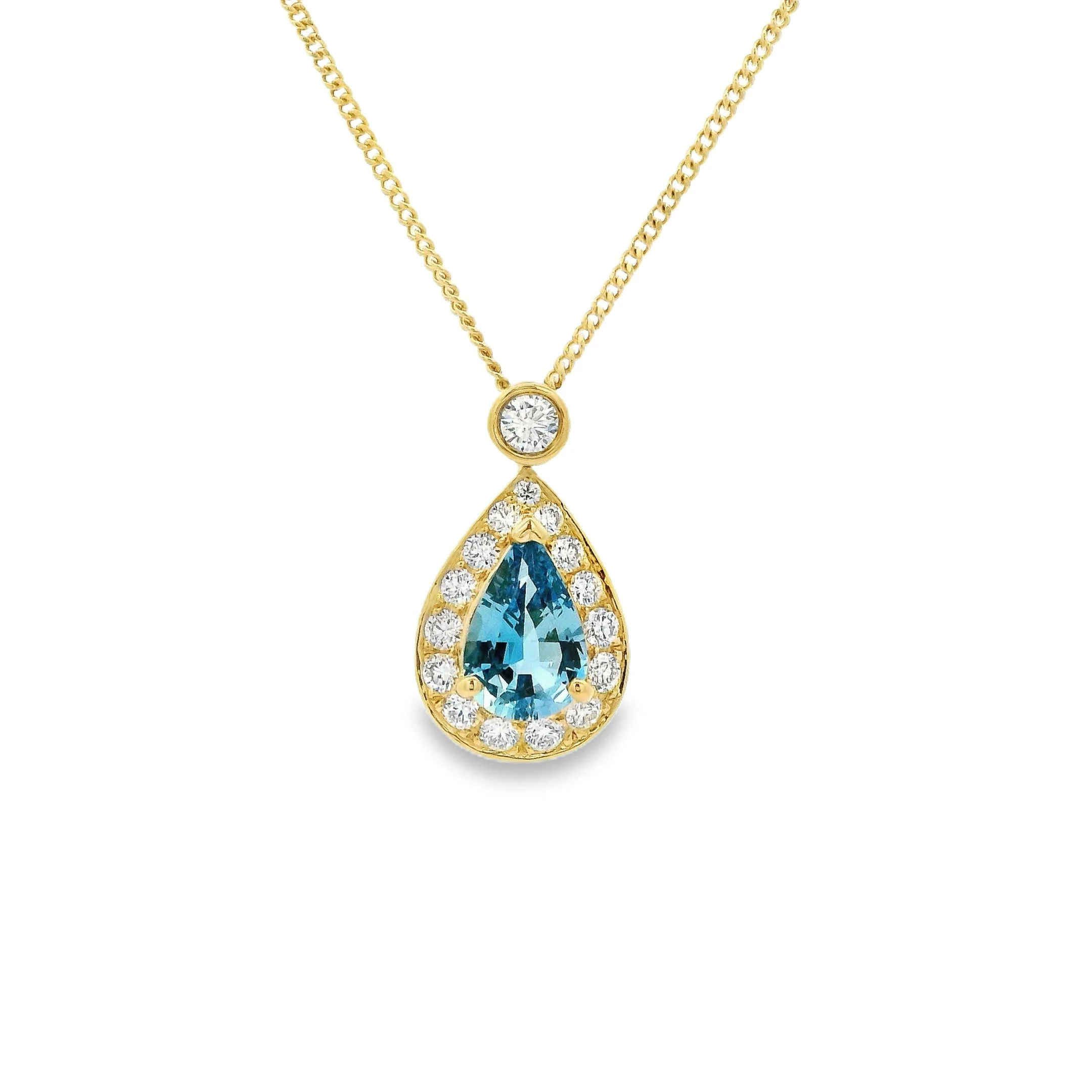 18ct Yellow Gold Claw Set Pear Shape Aquamarine & Diamond Halo Pendant