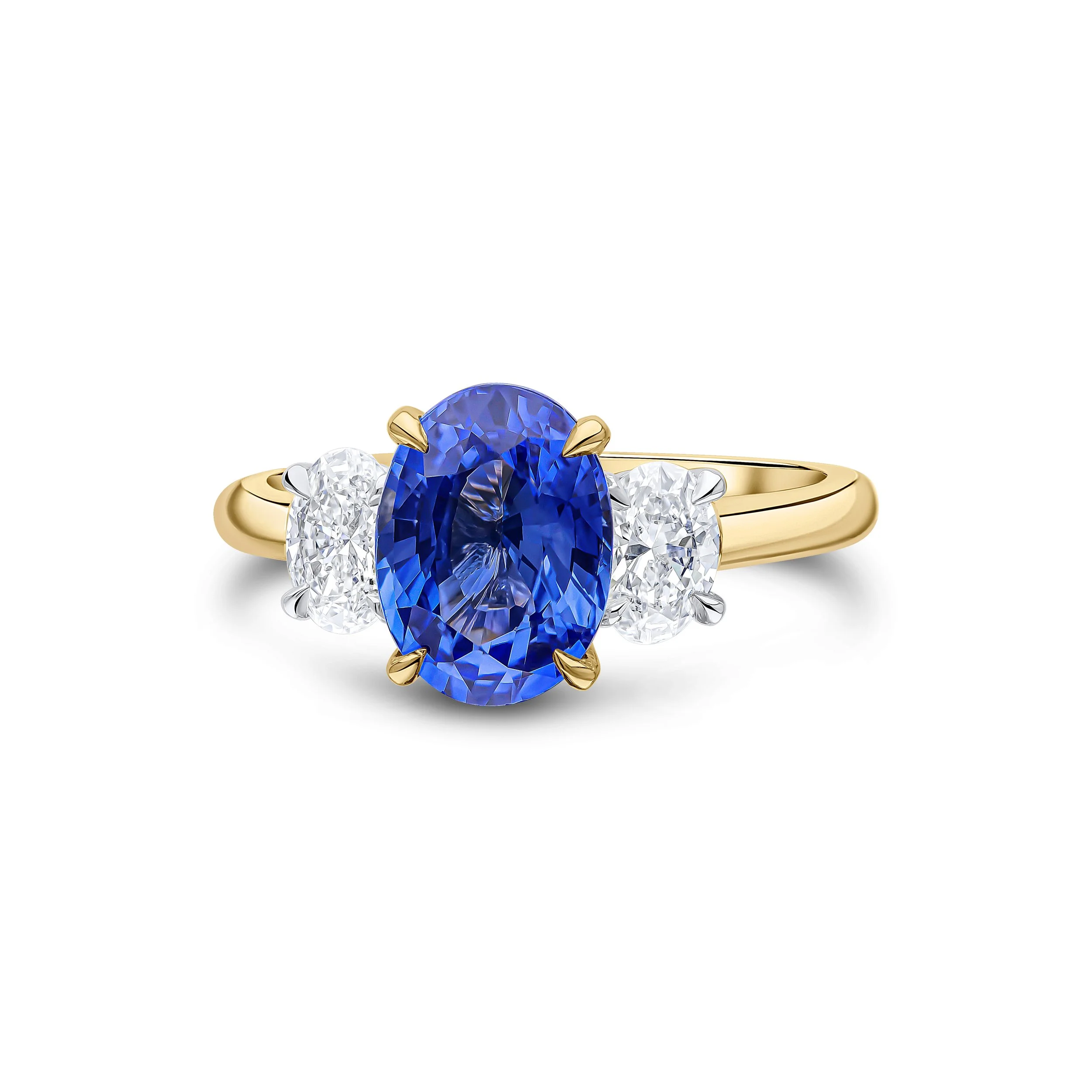 18ct Yellow Gold & Platinum Claw Set Oval Sapphire & Diamond 3 Stone Ring