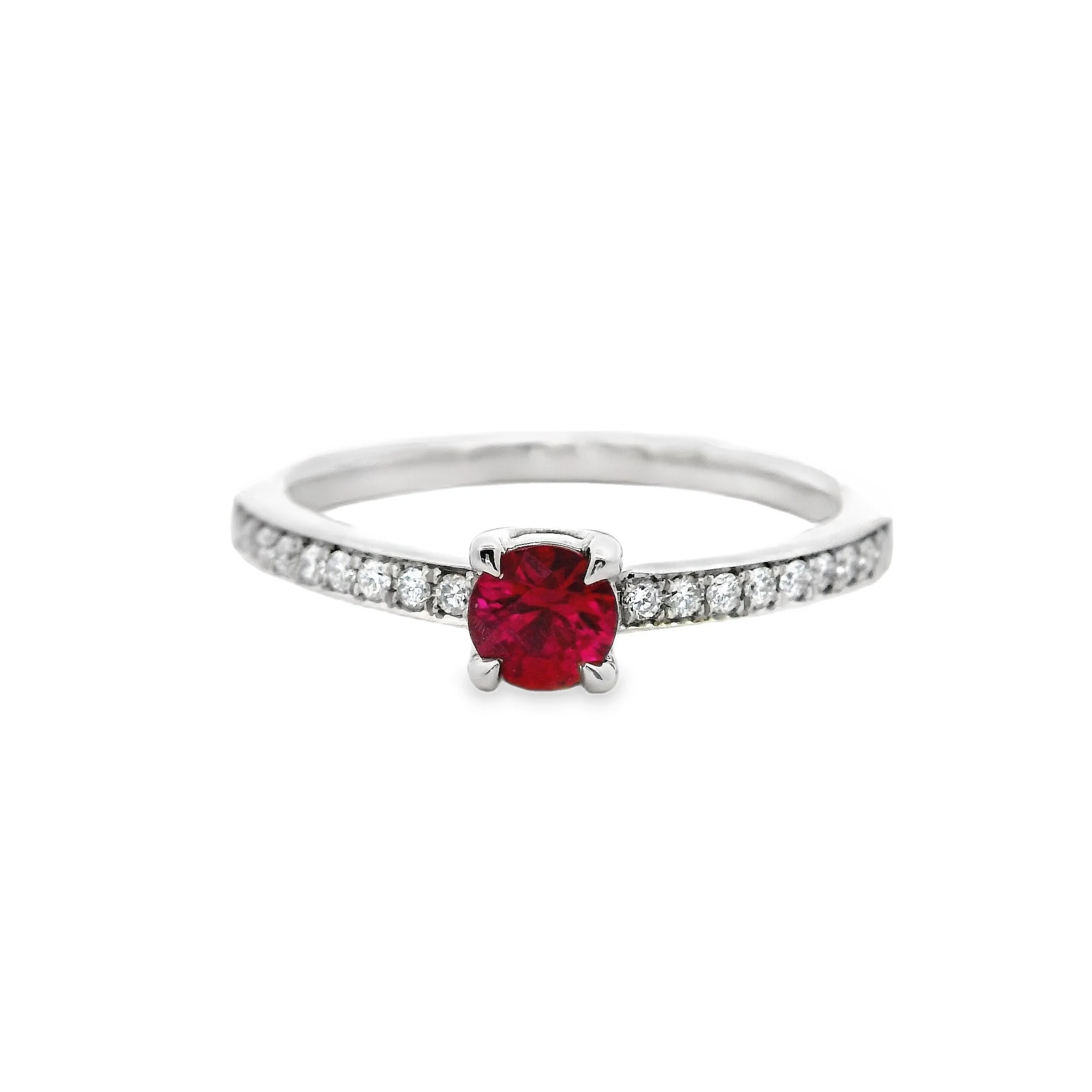 Platinum Claw Set Round Ruby Single Stone Ring, with Diamond Shoulders