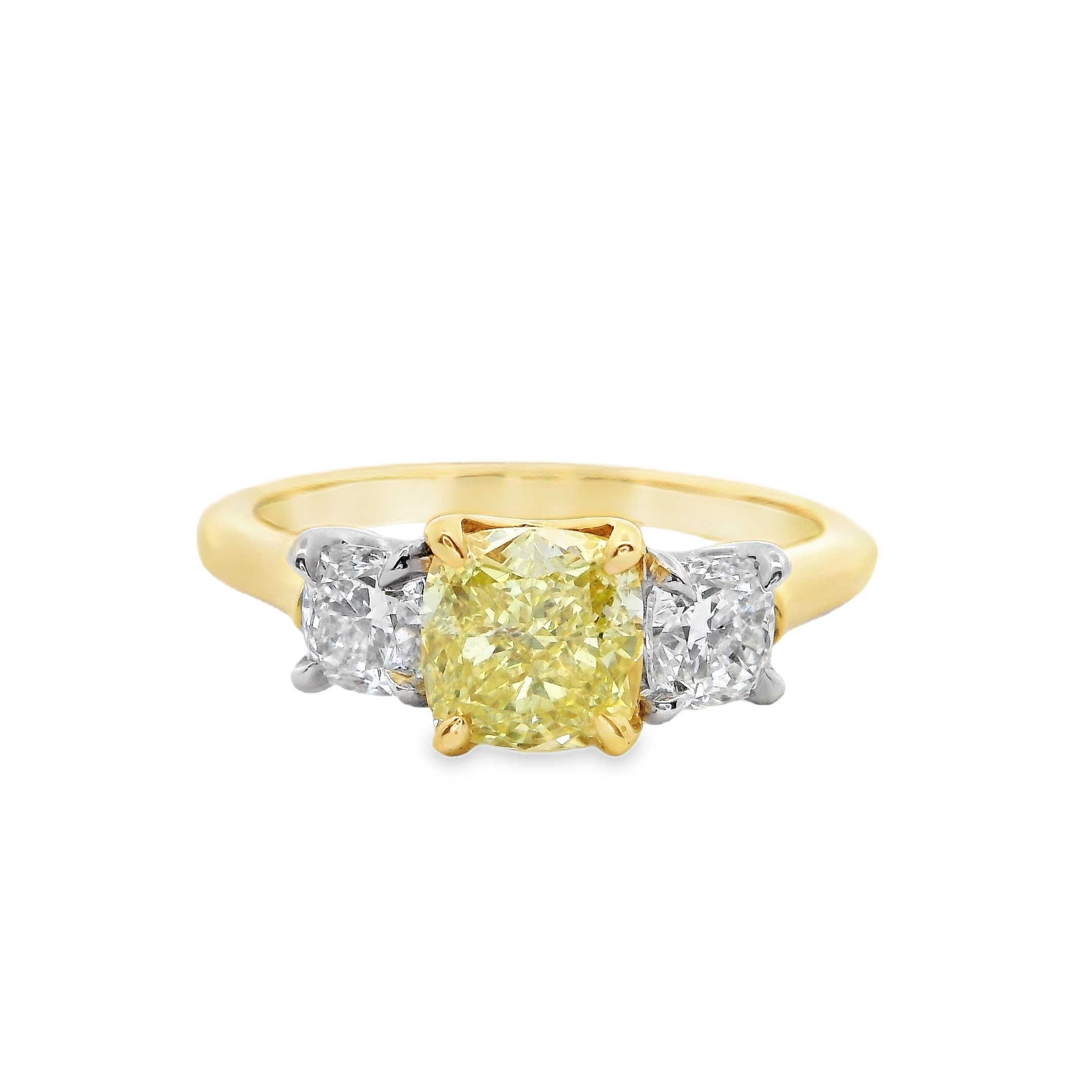 18ct Yellow Gold & Platinum Claw Set Cushion Fancy Yellow Diamond 3 Stone Ring