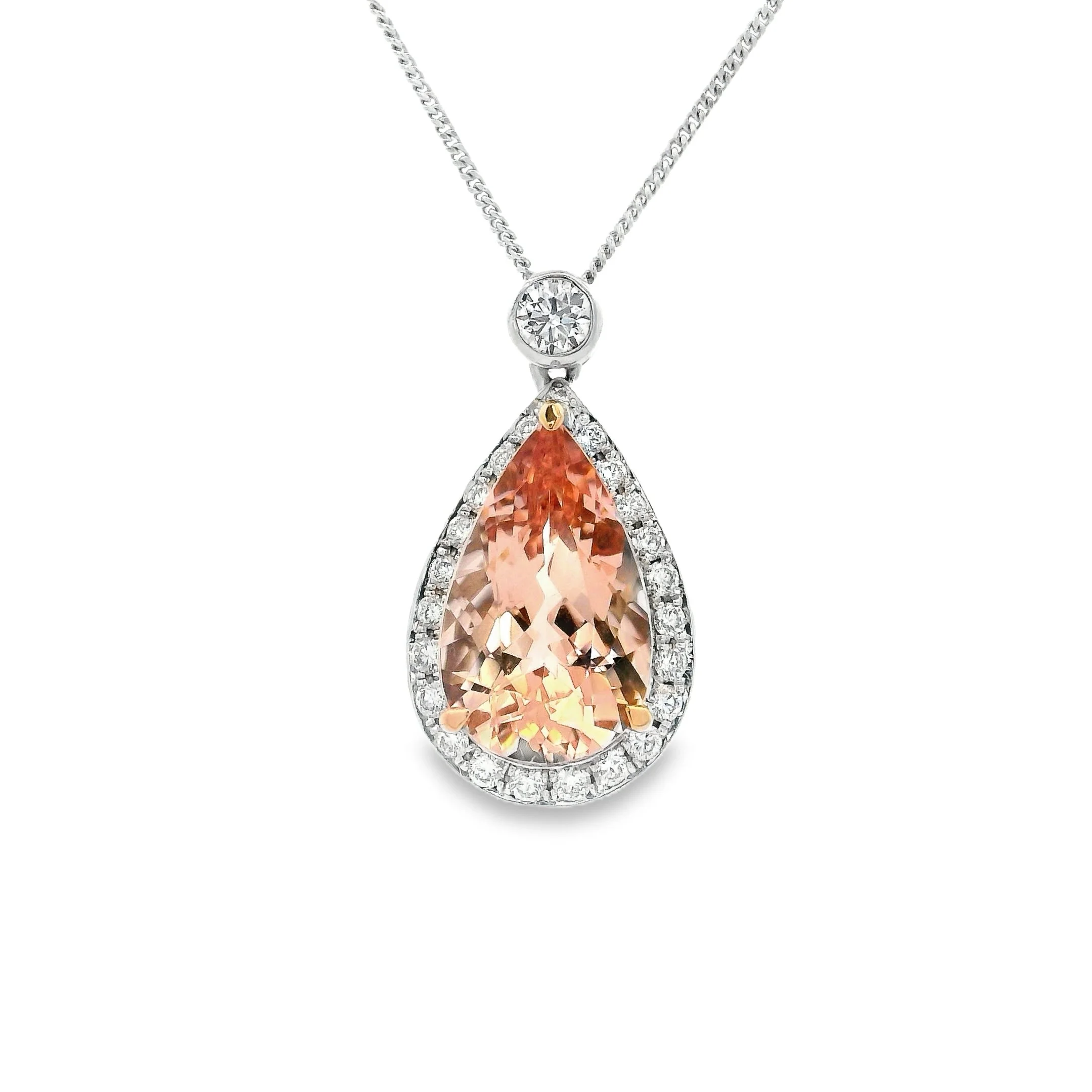 18ct White & Rose Gold Claw Set Pear Shape Pink Morganite & Diamond Halo Pendant