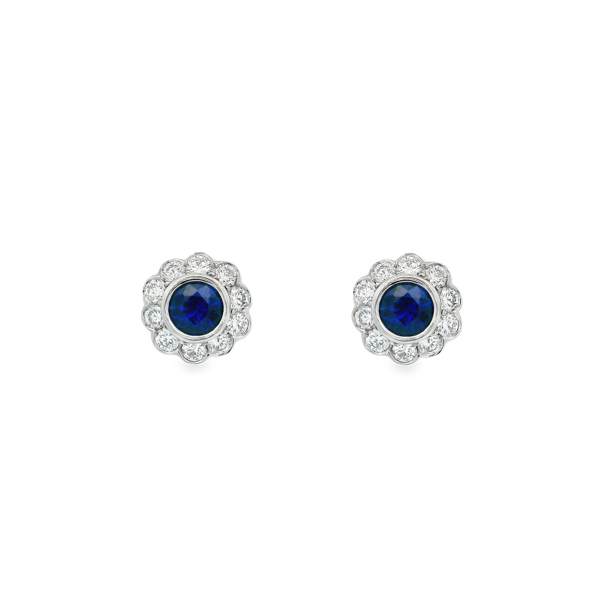18ct White Gold Bezel Set Round Sapphire & Diamond Cluster Stud Earrings