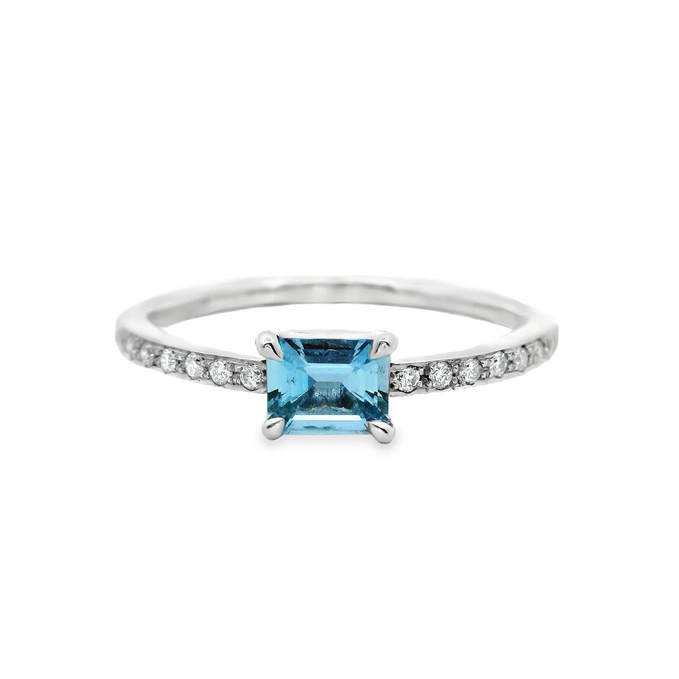 Platinum Claw Set East-West Emerald Cut Aquamarine Single Stone Ring, with Diamond Shoulders