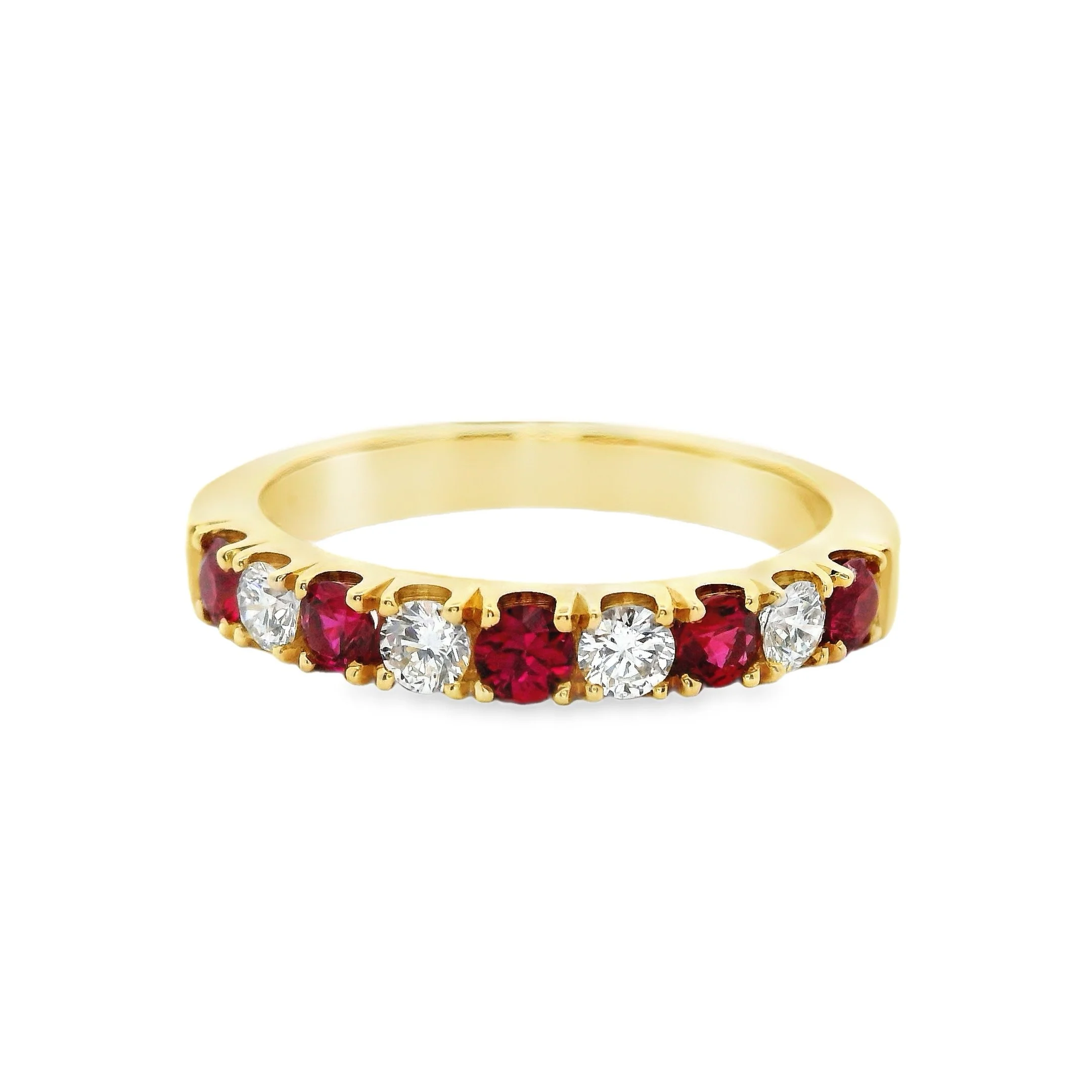 18ct Yellow Gold 3mm Castle Set Ruby & Diamond Half Eternity Ring