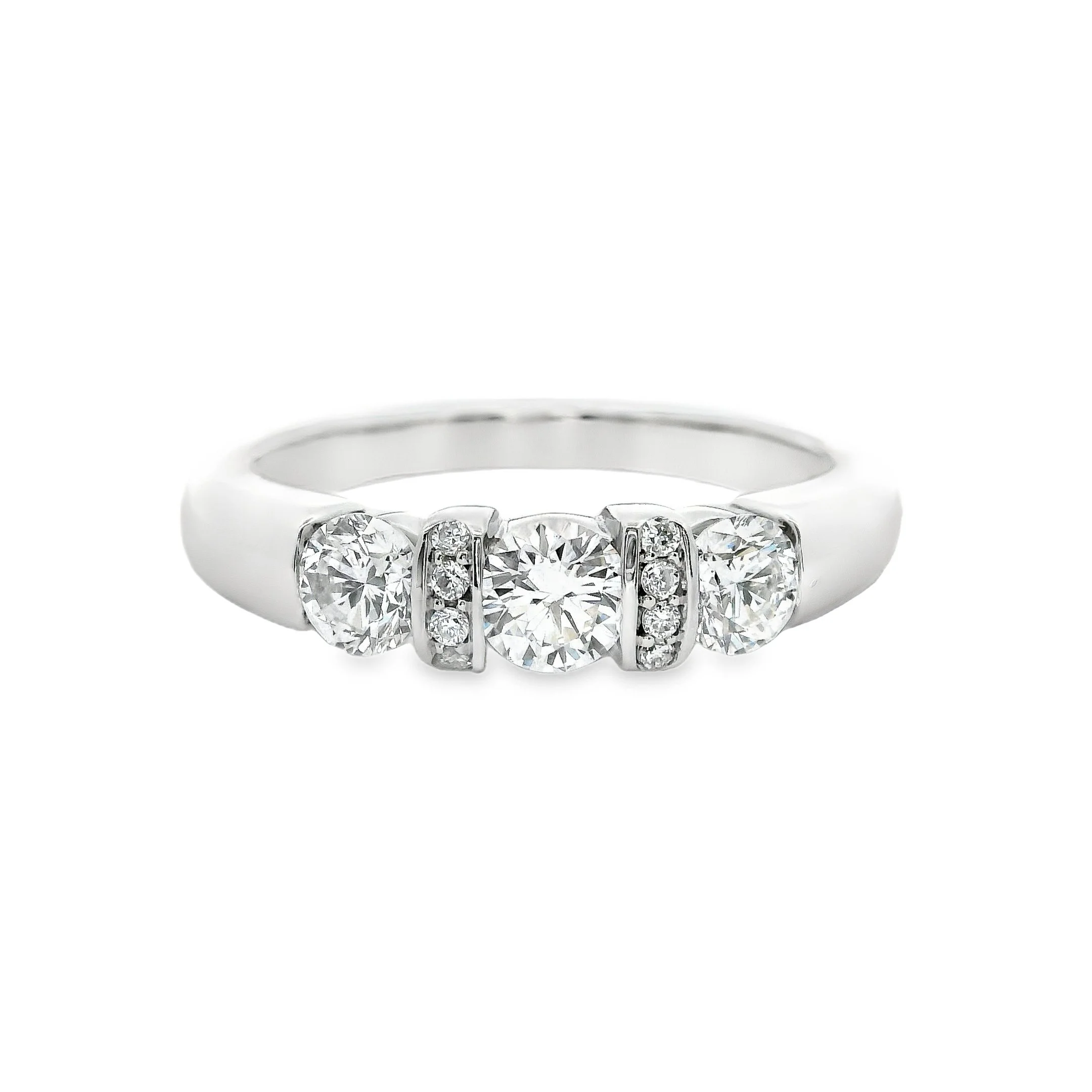 Platinum Diamond 3 Stone Ring, with Pave Set Diamond Bars