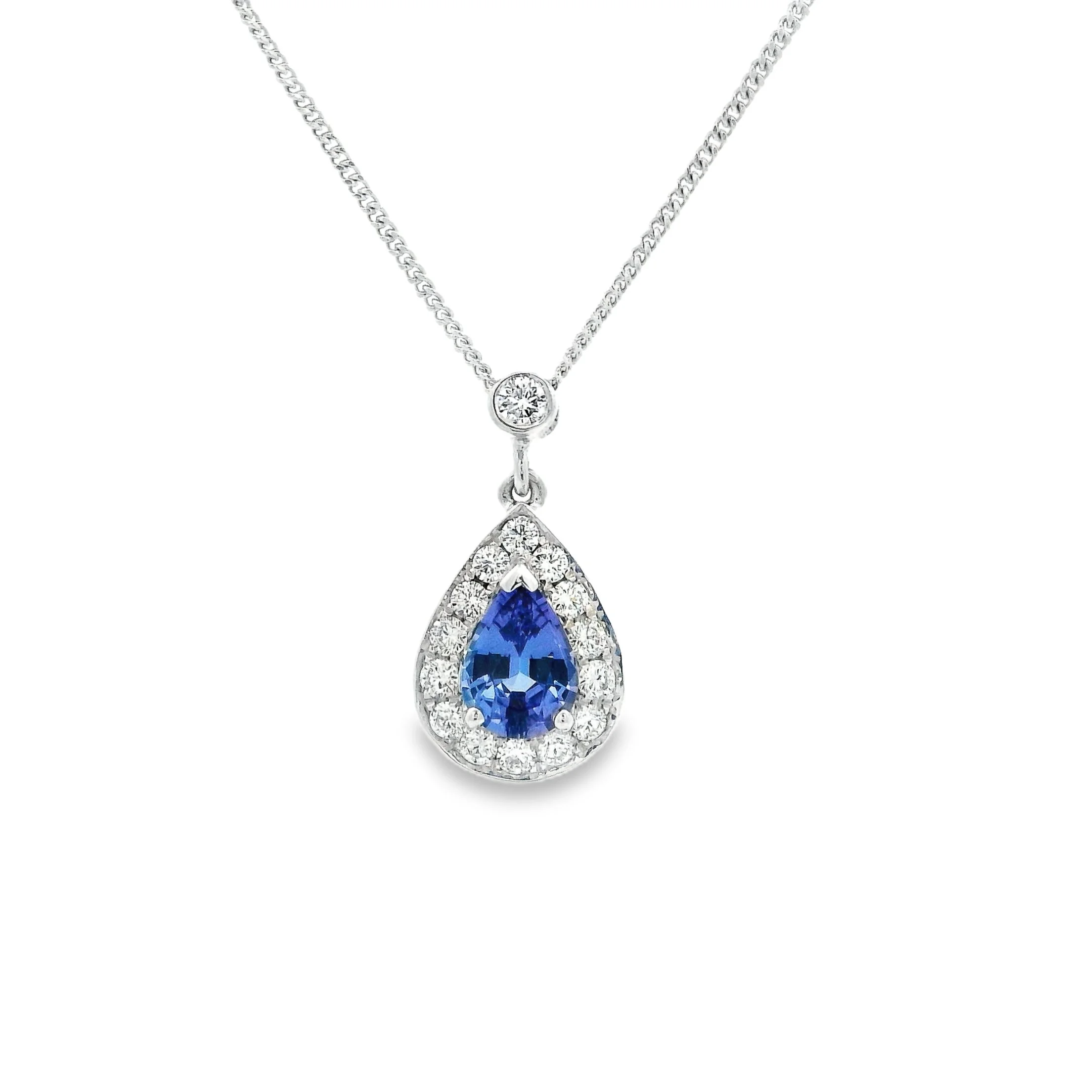 18ct White Gold Claw Set Pear Shape Tanzanite & Diamond Halo Pendant