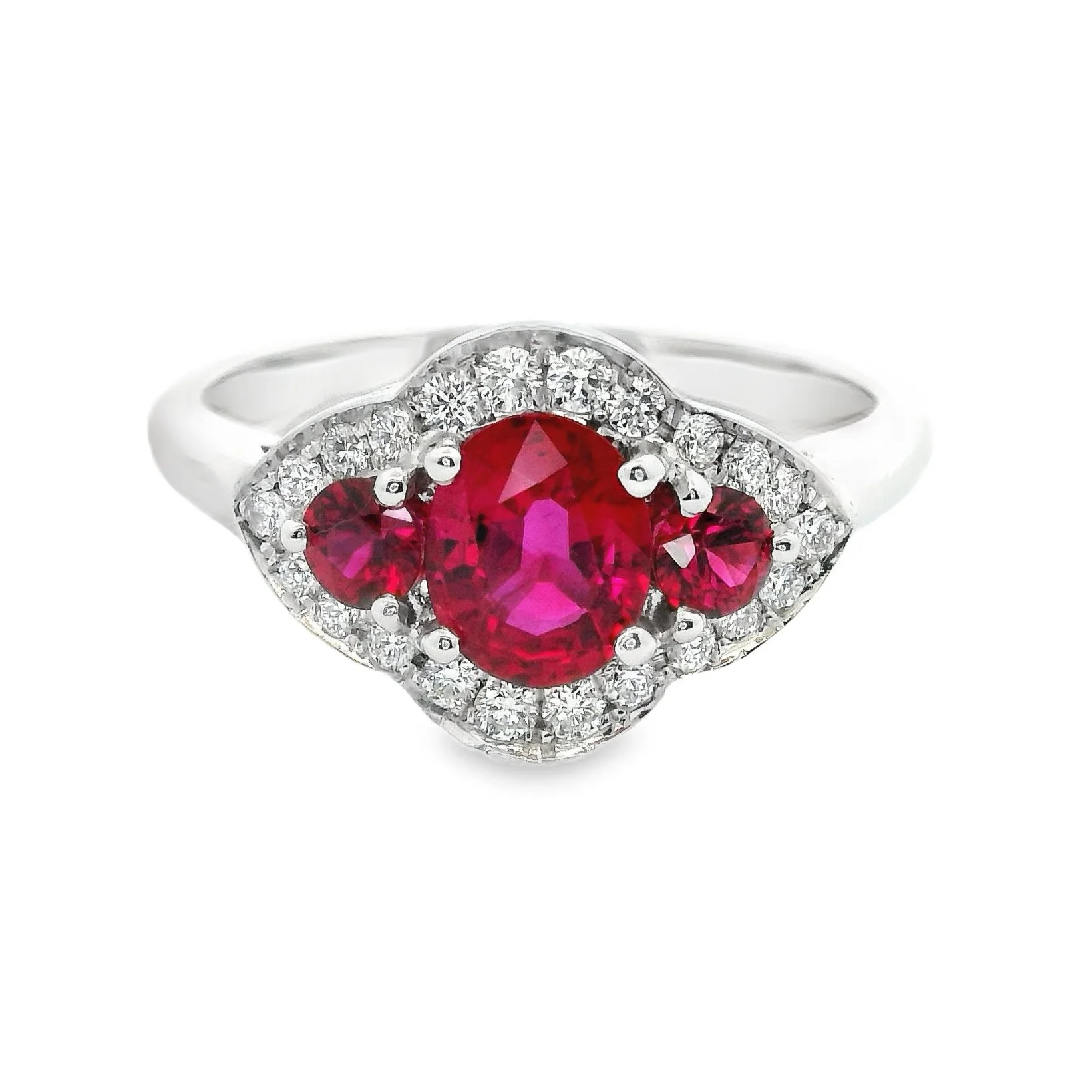 Platinum Claw Set Ruby & Diamond 3 Stone Halo Ring