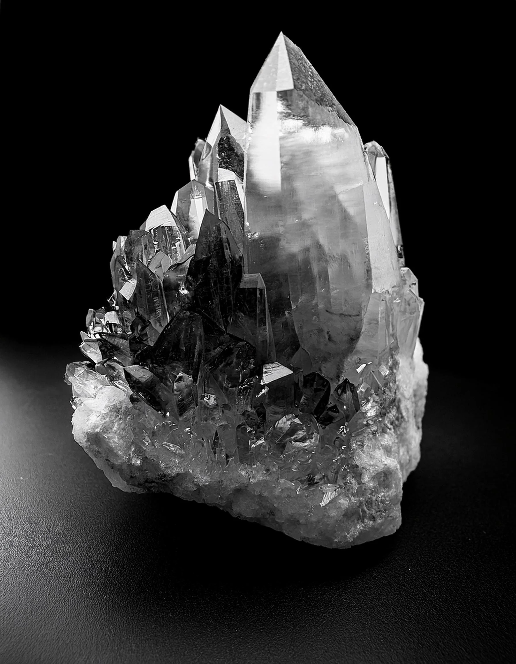 Schwarz-weiß-Foto eines Kristalls auf schwarzem Hintergrund.