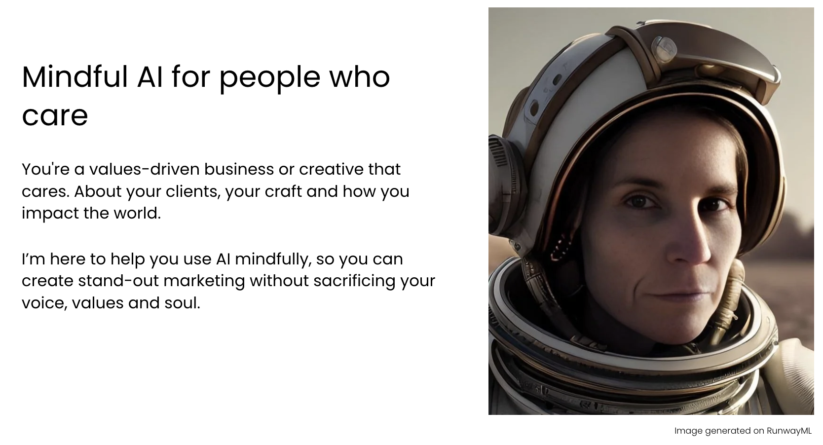 A woman in an astronaut suit and helmet outdoors at sunset or sunrise.