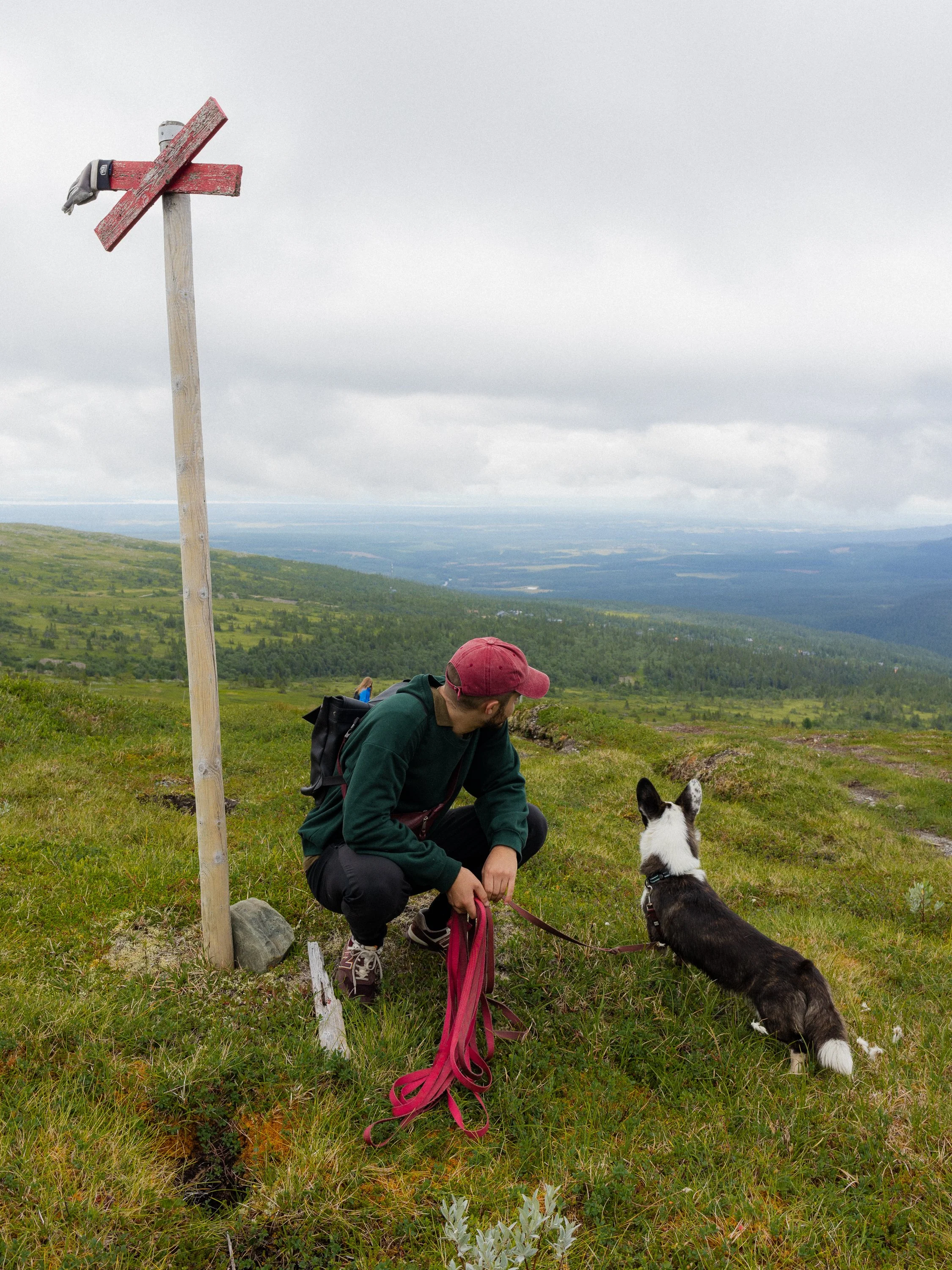 En man med en hund på en bergstopp, med ett observationsskylt i trä och en landsbygd i bakgrunden.