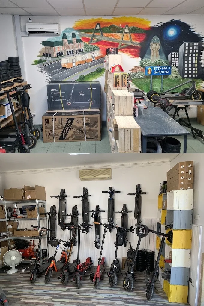 A budaörsi és újpesti SkyRide e-roller szalon belső tere, szerviz és bemutatótér