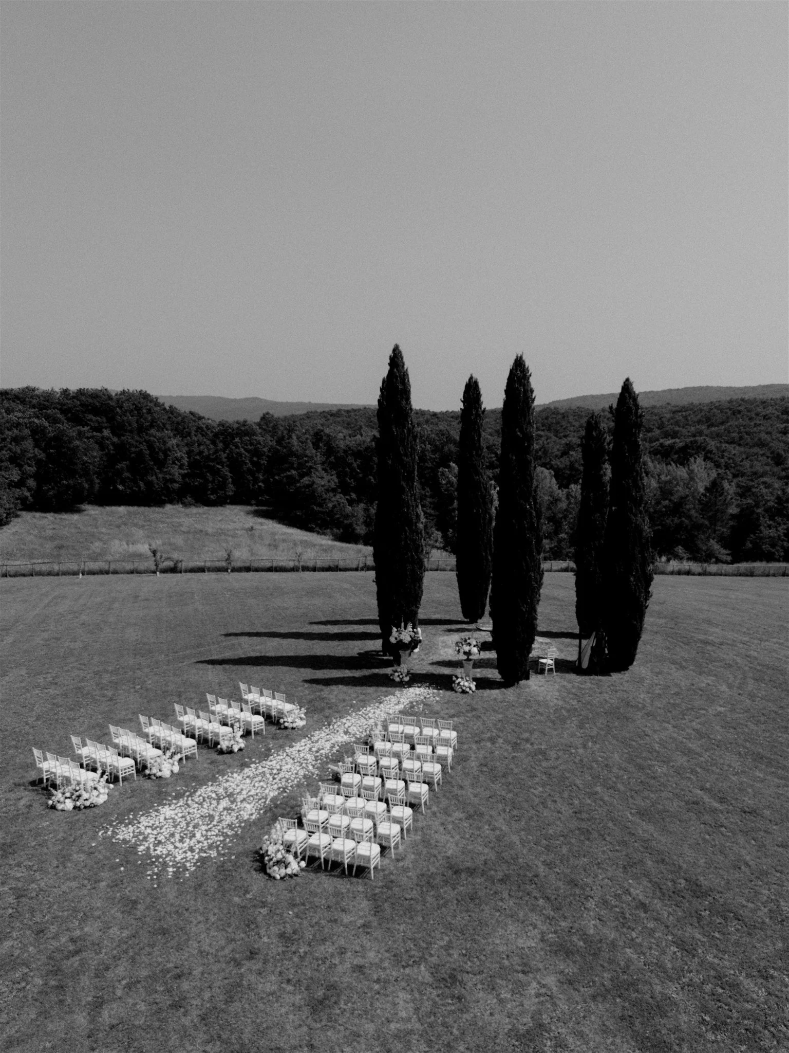 Black and white aerial ceremony view at Villa Nemora