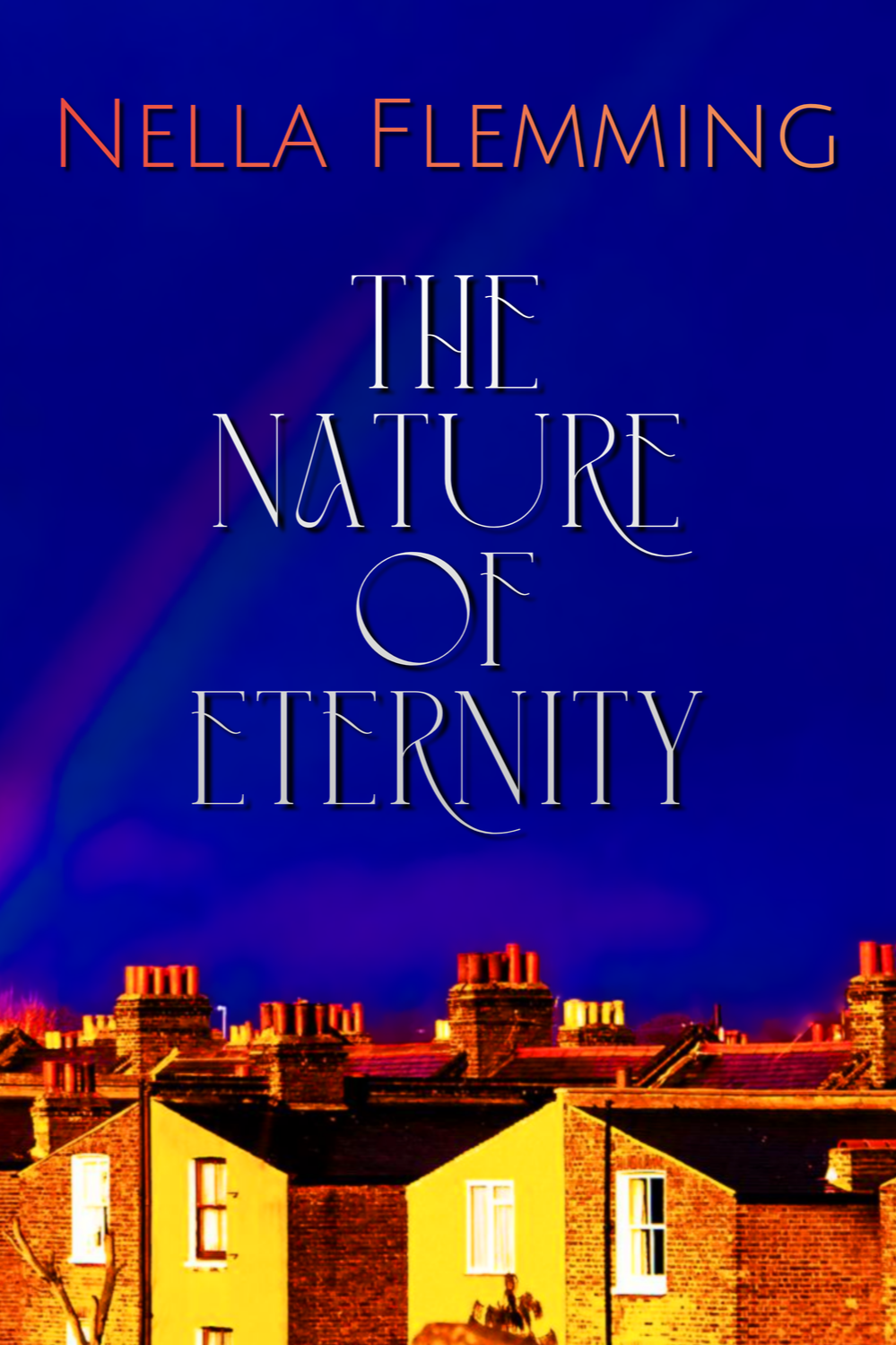 Book cover titled "The Nature of Eternity" by Nella Flemming, showing rooftops of houses with chimneys against a dark blue sky