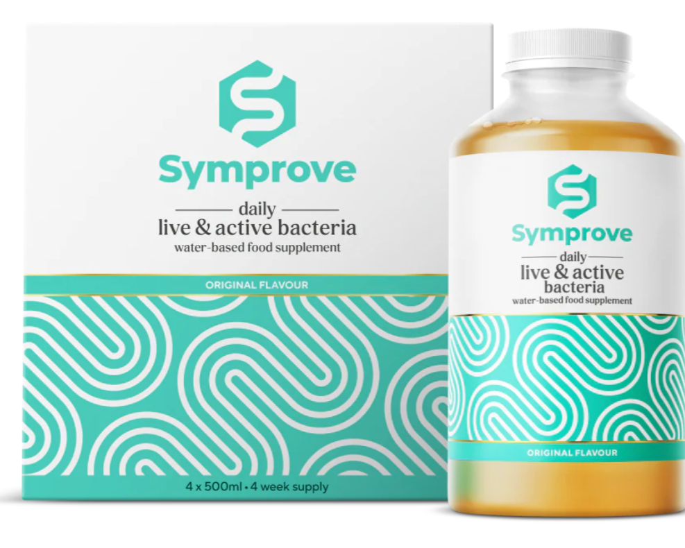 A box and bottle of Symprove daily live and active bacteria water-based food supplement with original flavor, four 500ml bottles, and a four-week supply.