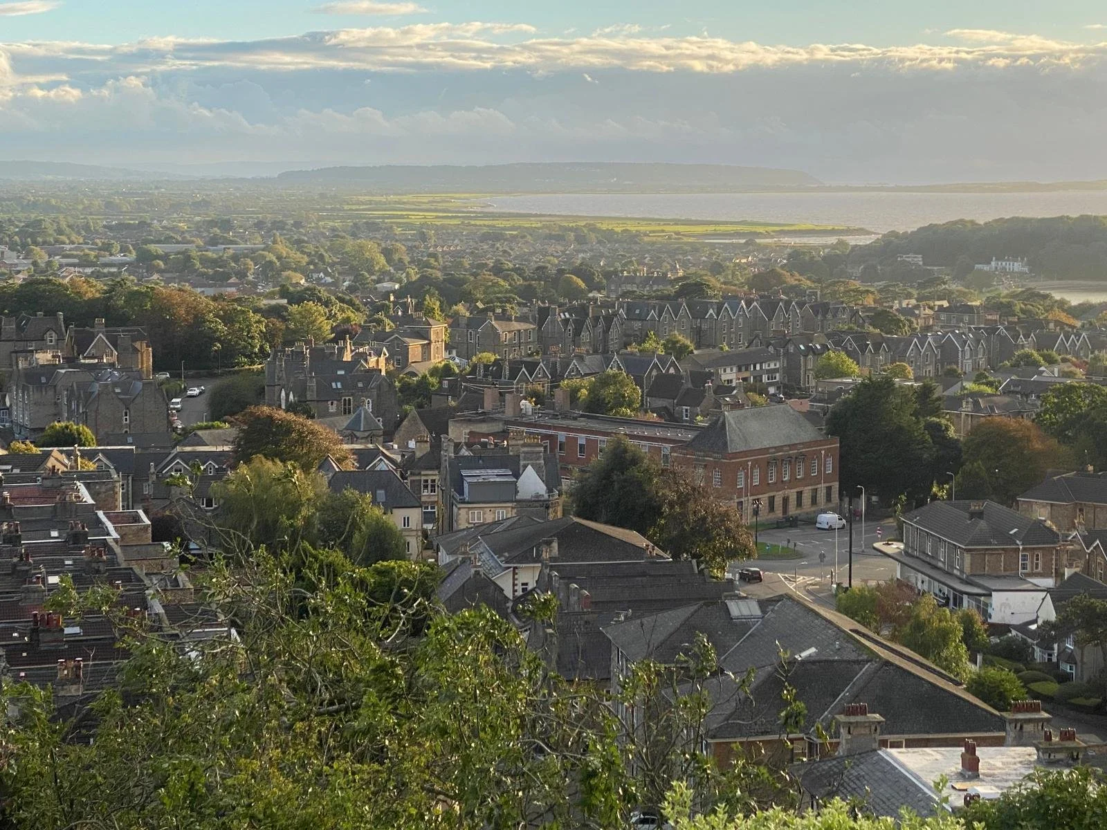 A view of a town with numerous buildings and houses, surrounded by green trees and landscape, with a body of water and hills in the background under a partly cloudy sky.