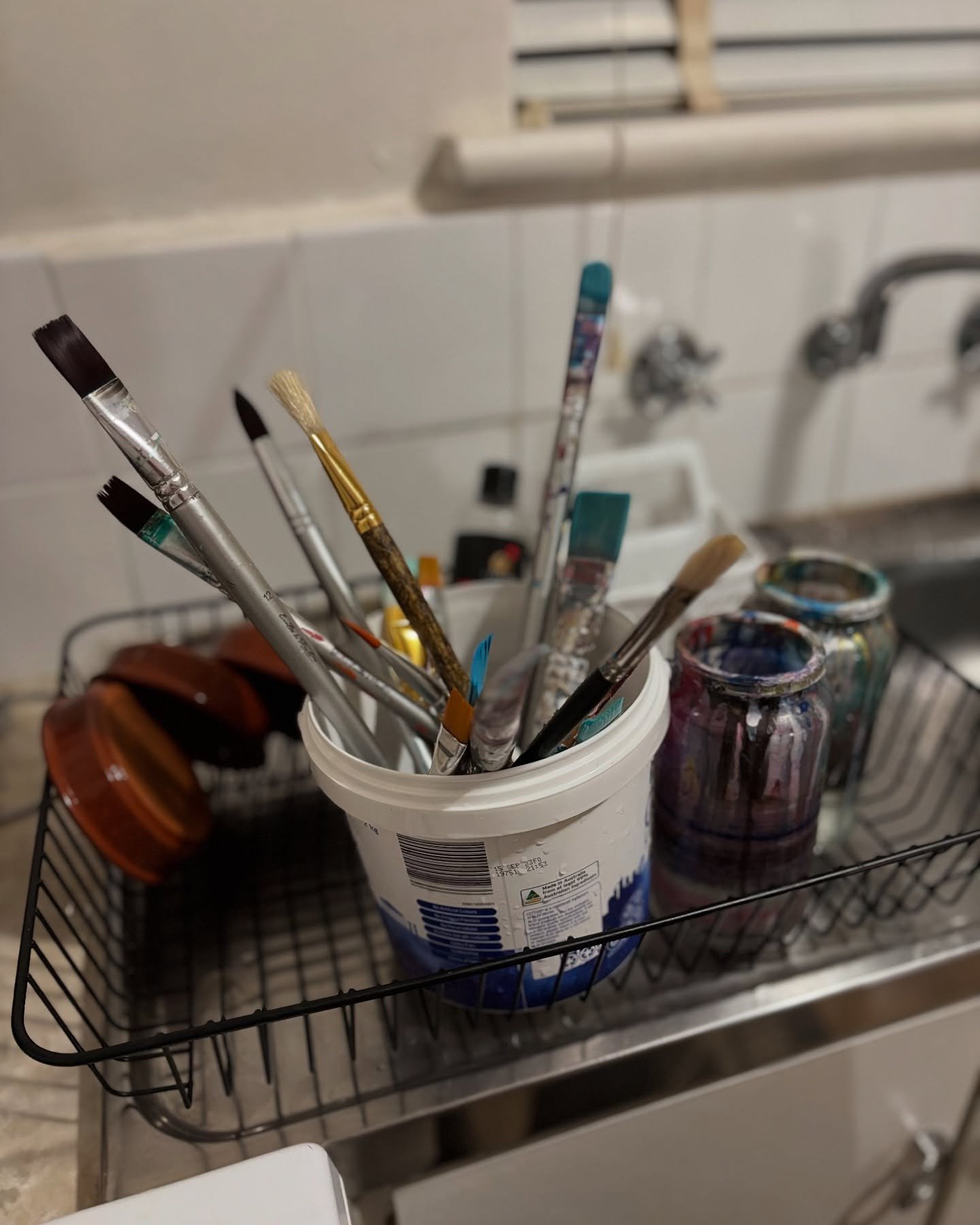 Nothing says “productive day in the studio” like a dish rack full of paint-splattered chaos.
Brushes scrubbed (mostly), palettes rinsed (kind of), and jars that may never be the same again.
Been busy making magic for Creativa with Collect