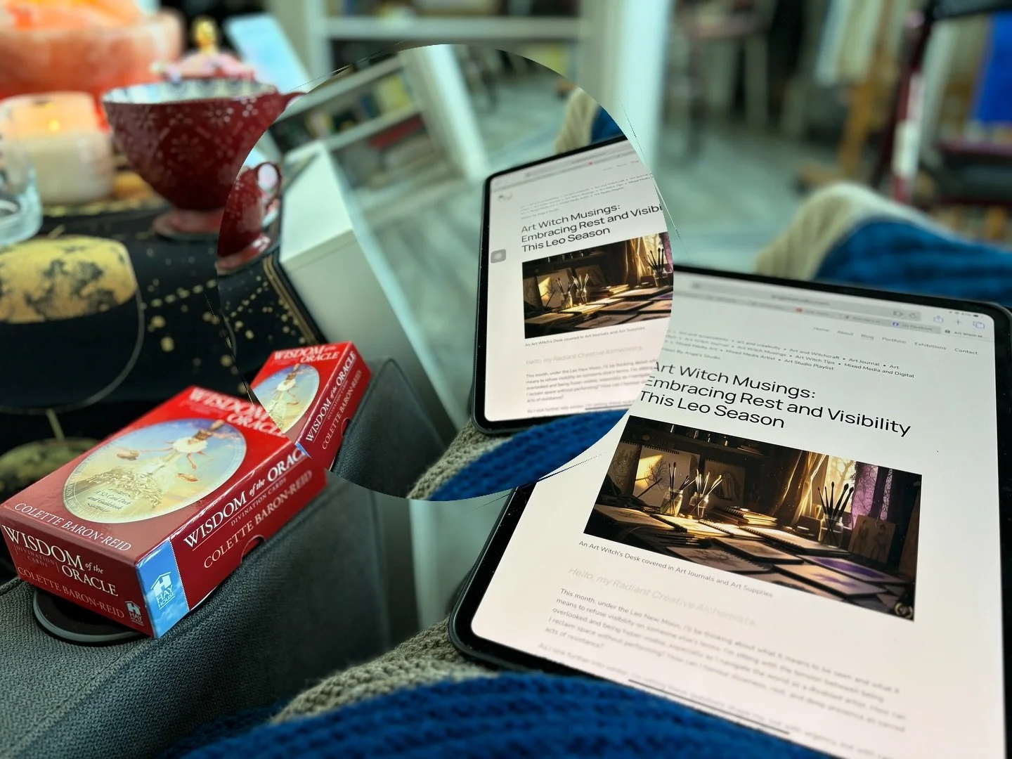 Weekend plans? Why not snuggle up, sip slow, and sink into this cycle’s Art Witch Journal. ๐ซโจ
I’ve carved out this cosy little nook in the studio, soft light, a comfy armchair, altar by my side, oracle cards at the ready. It’s bec