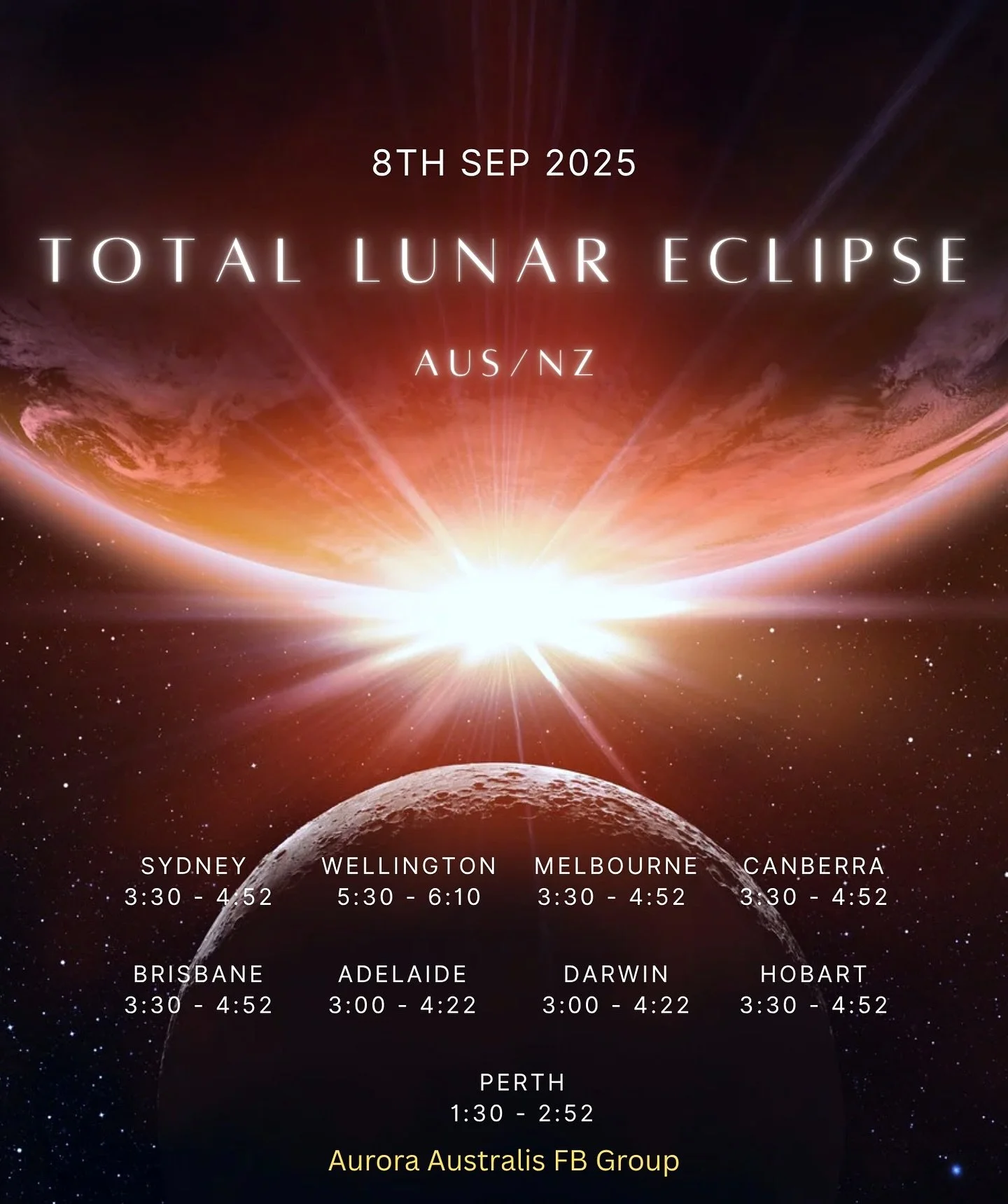 Melbourne (8th September 2025):
1:28 am – Penumbral Eclipse begins (the Moon’s getting a subtle shadow makeover).
2:27 am – Partial Eclipse begins (the “red carpet” starts to roll).
3:30 am – Total Eclipse begins (